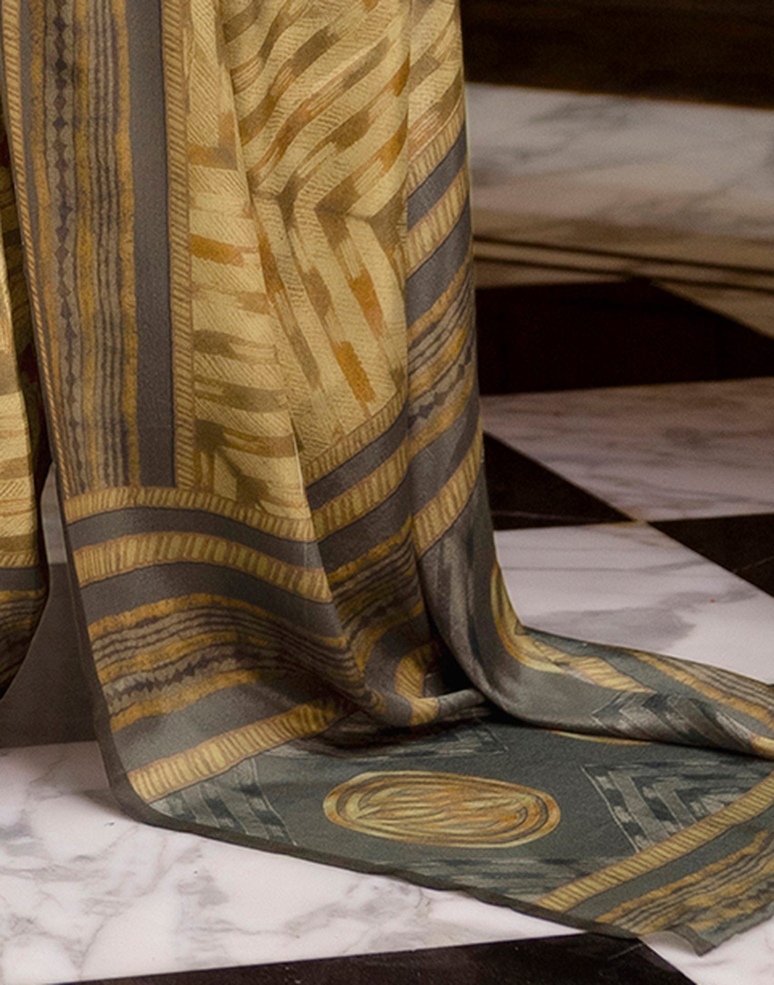 Ready To Wear Olive Green Chinnon Printed Saree