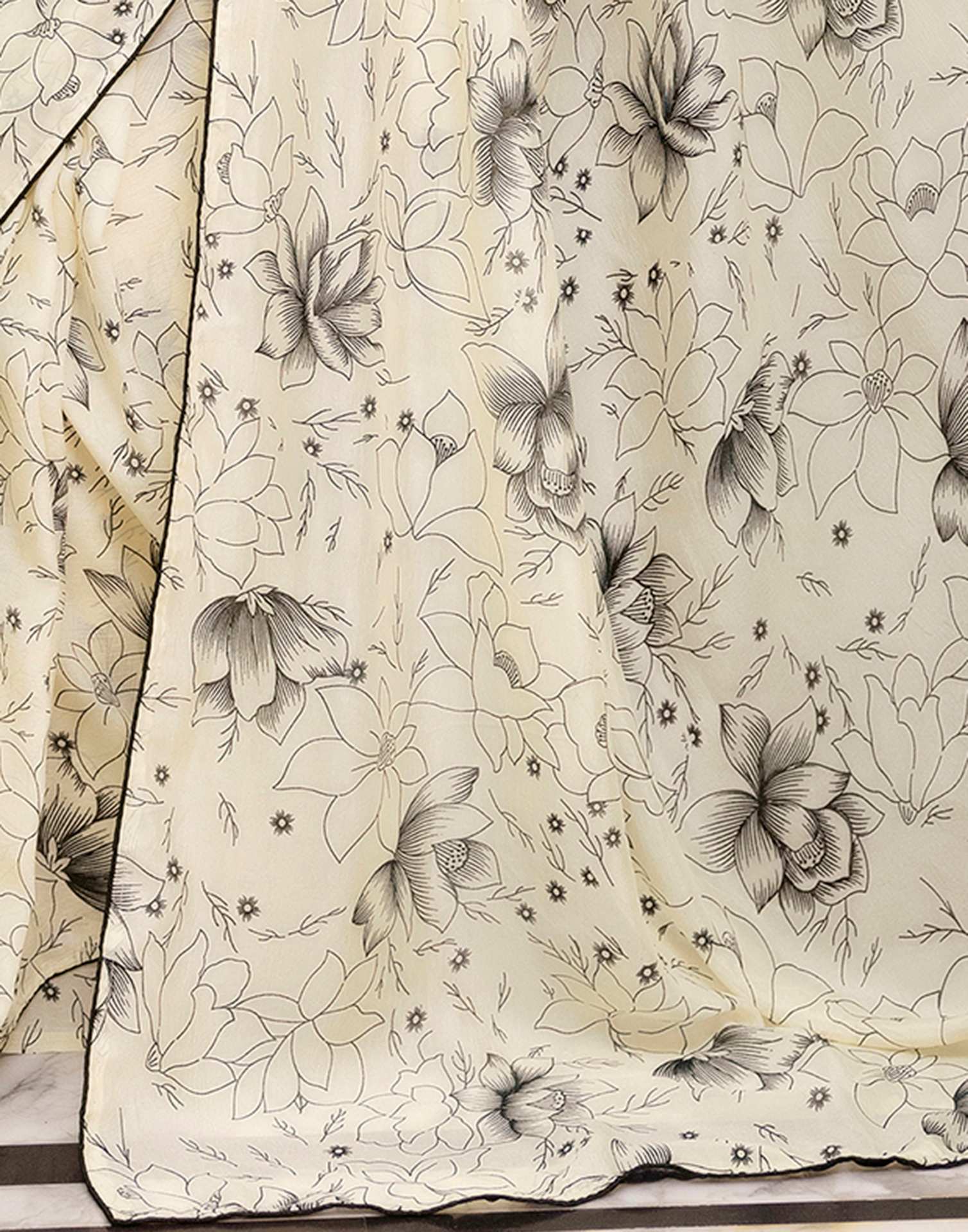 Ready To Wear Off White Chinnon Printed Saree