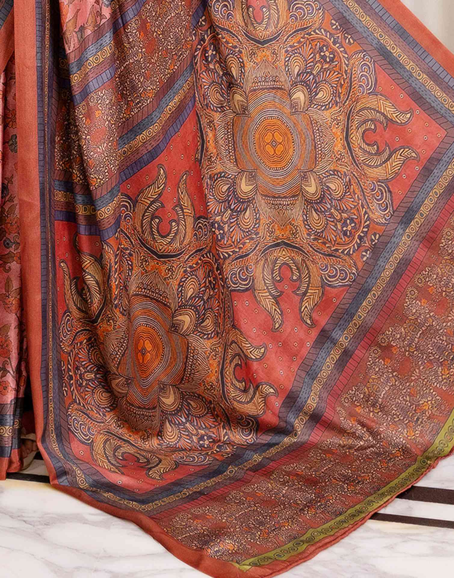 Ready To Wear Peach Chinnon Printed Saree