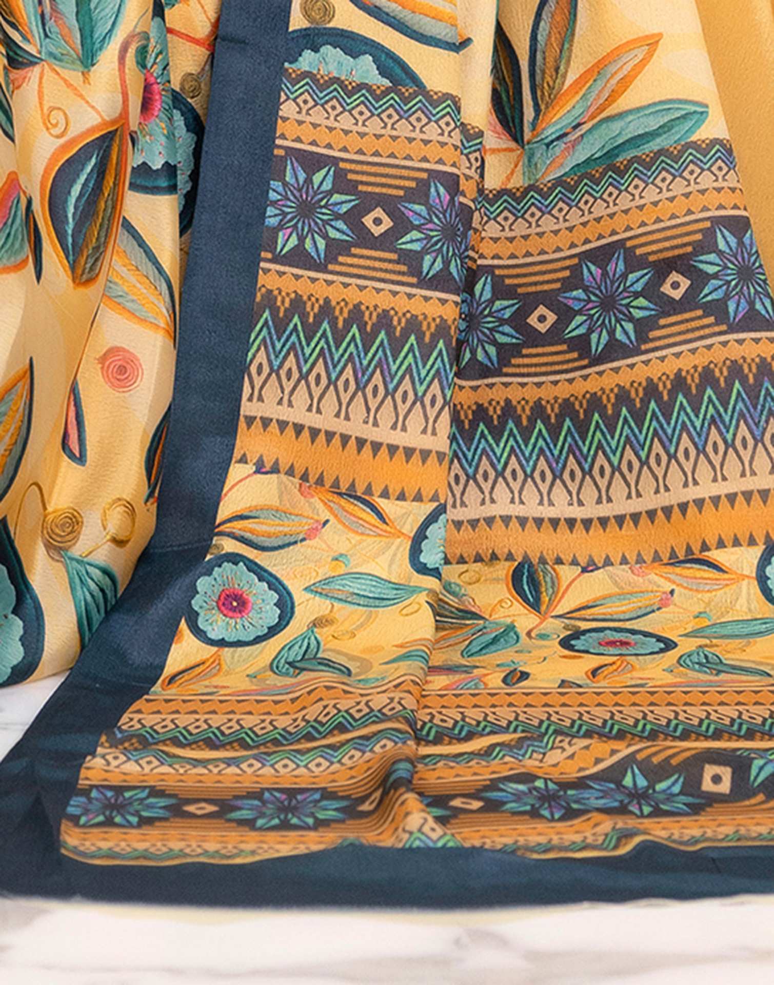 Ready To Wear Light Yellow Chinnon Printed Saree