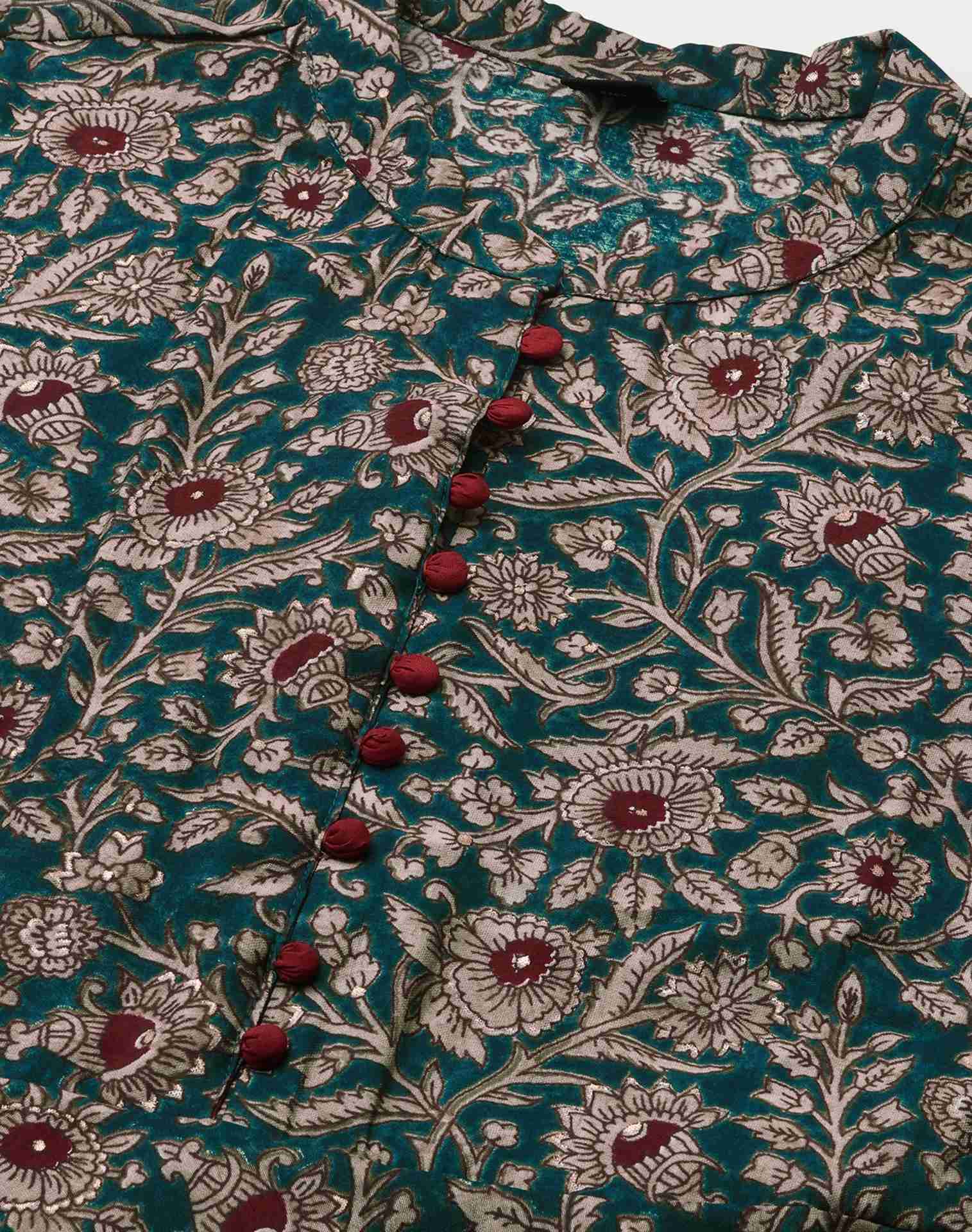 Green Printed Chanderi A-Line Kurta With Pant And Dupatta