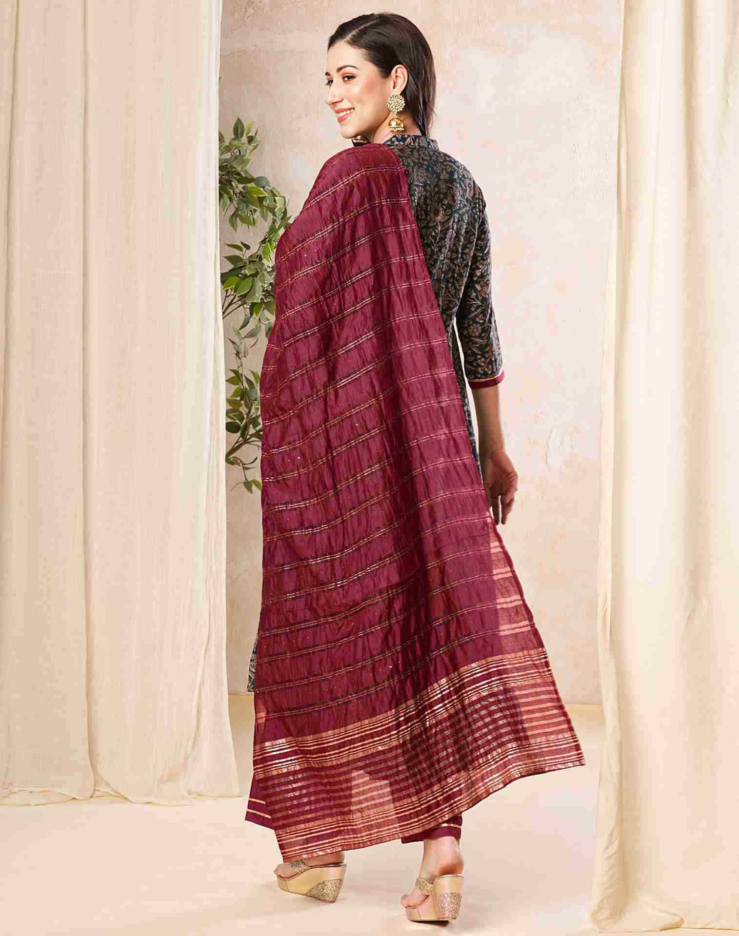 Green Printed Chanderi A-Line Kurta With Pant And Dupatta