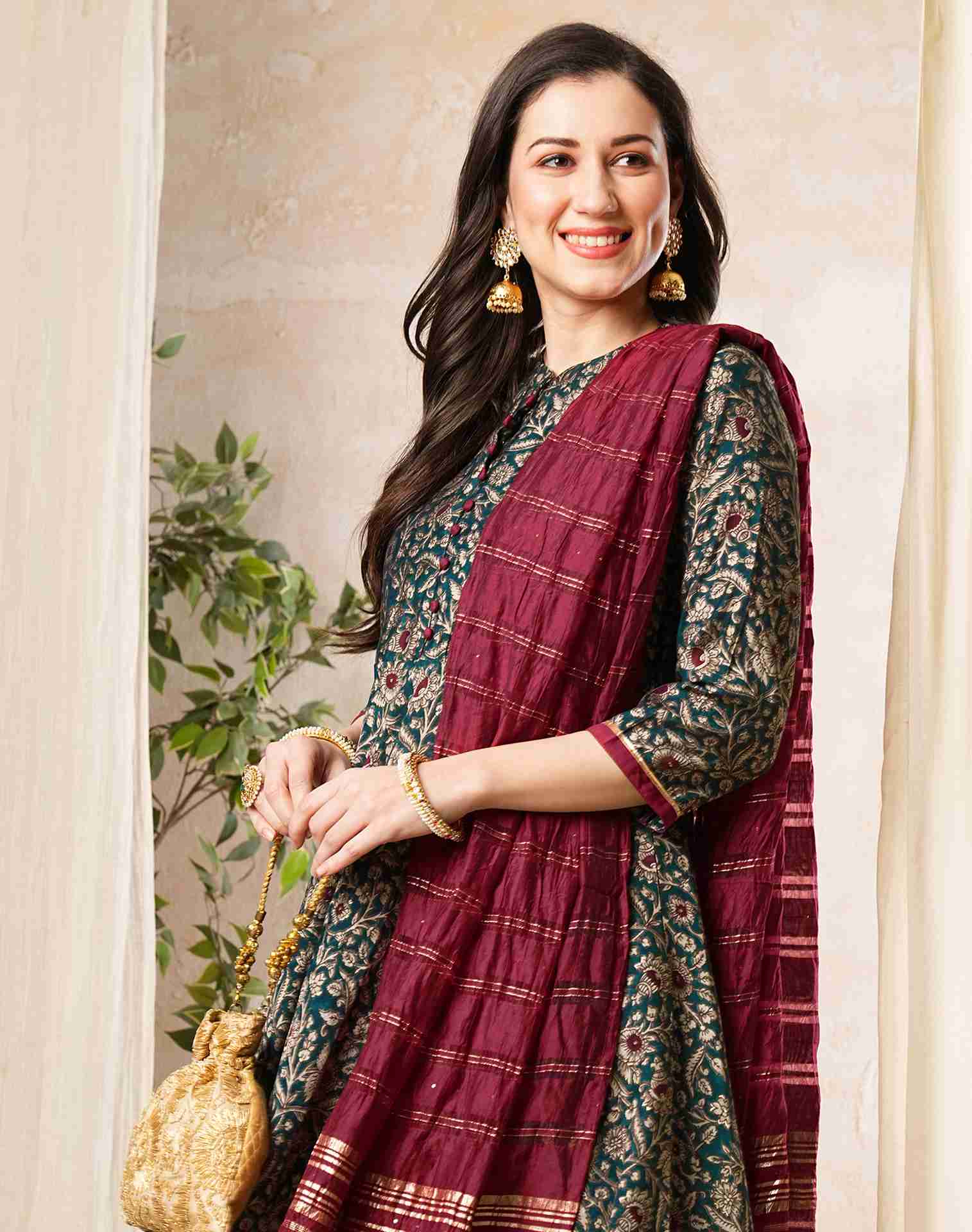 Green Printed Chanderi A-Line Kurta With Pant And Dupatta