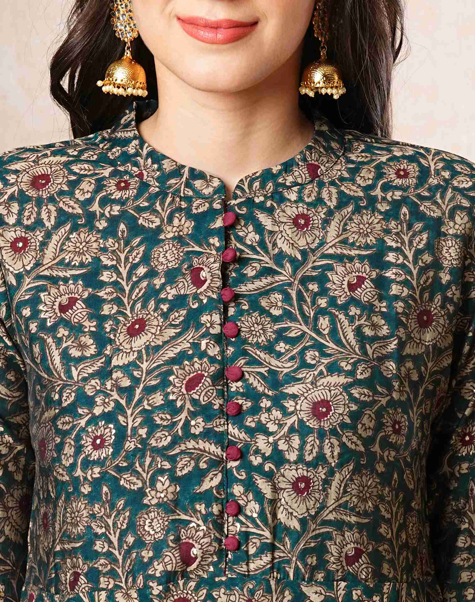 Green Printed Chanderi A-Line Kurta With Pant And Dupatta