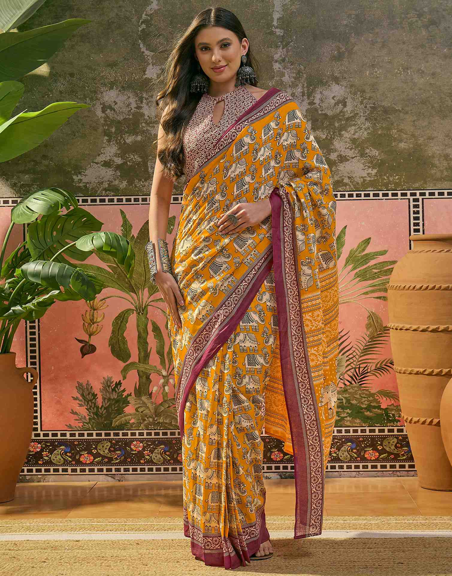 Ready To Wear Yellow Cotton Printed Saree