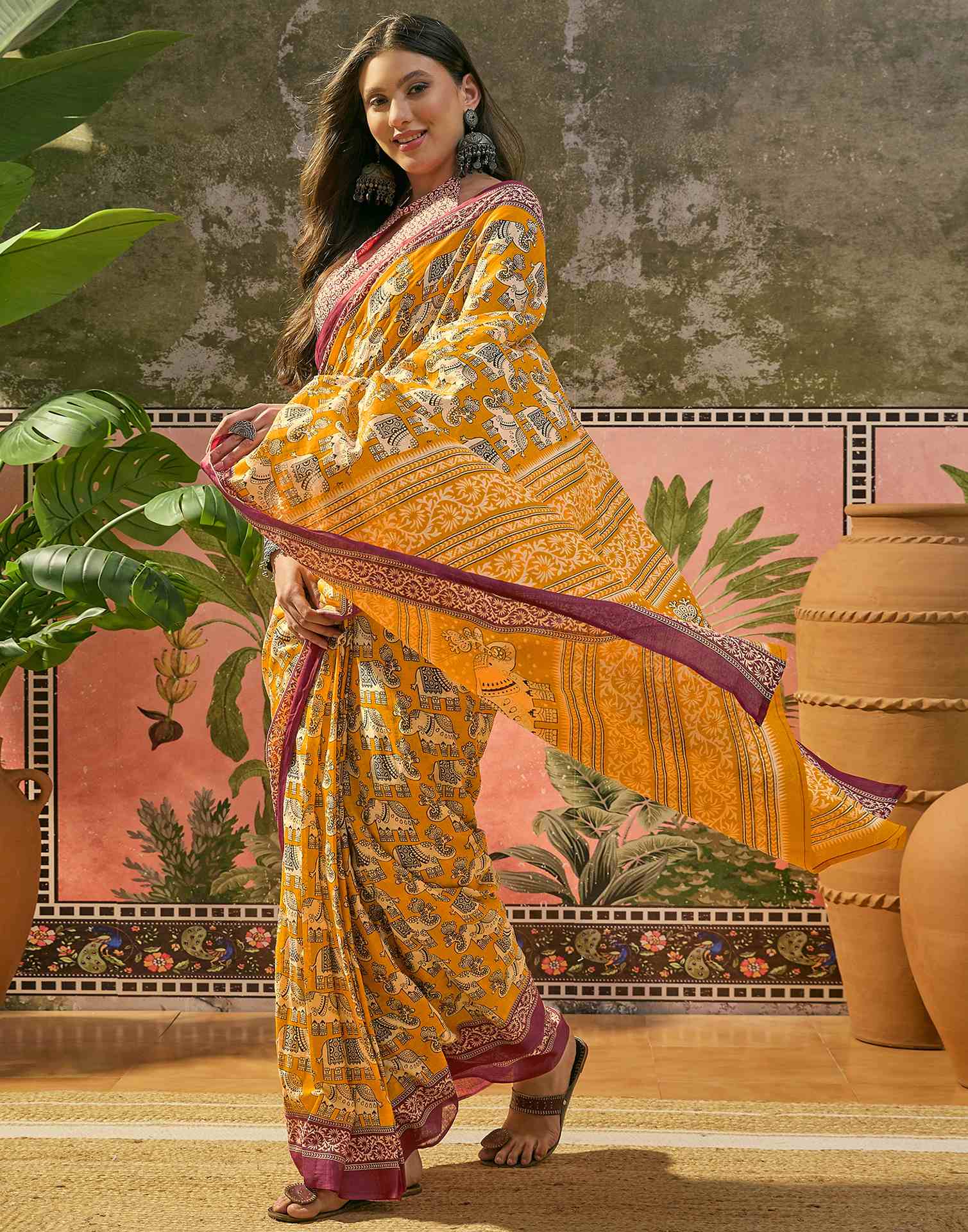 Ready To Wear Yellow Cotton Printed Saree