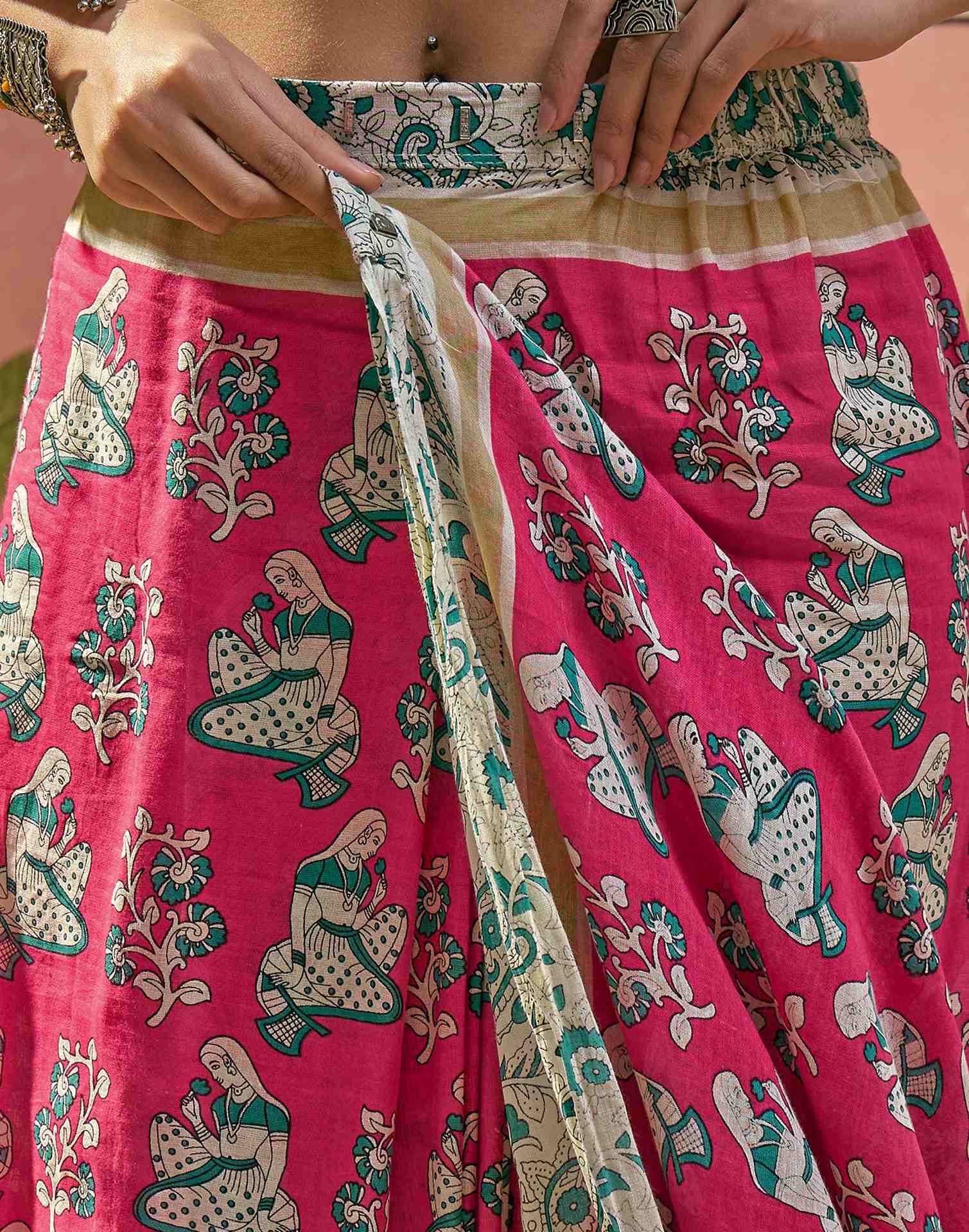 Ready To Wear Pink Cotton Printed Saree