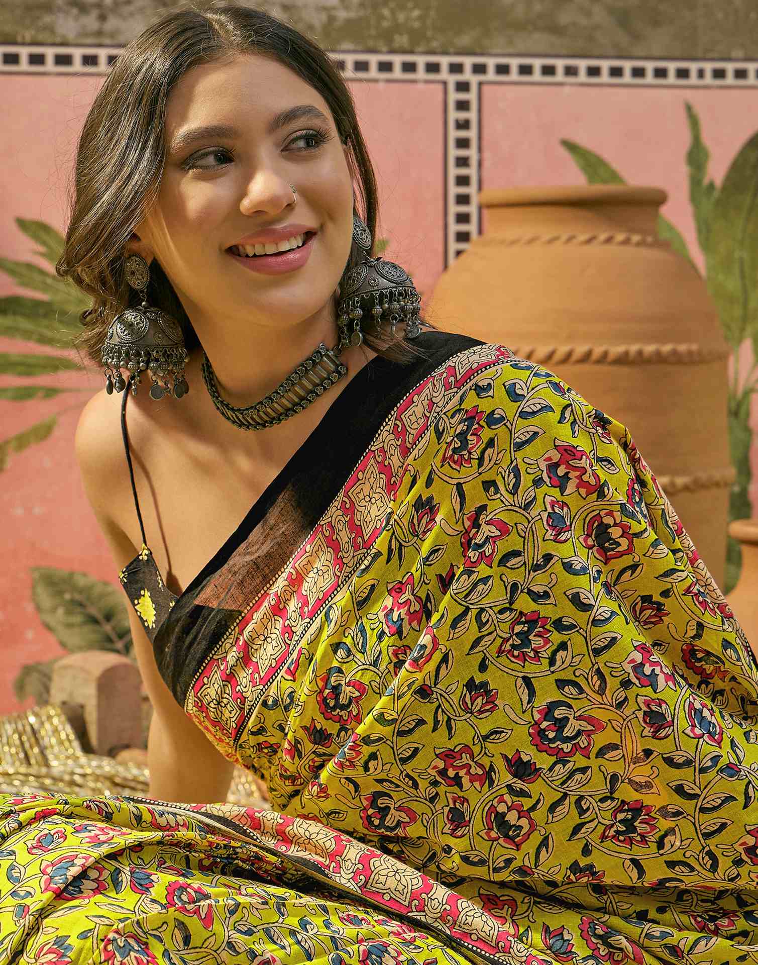 Ready To Wear Lime Yellow Cotton Printed Saree