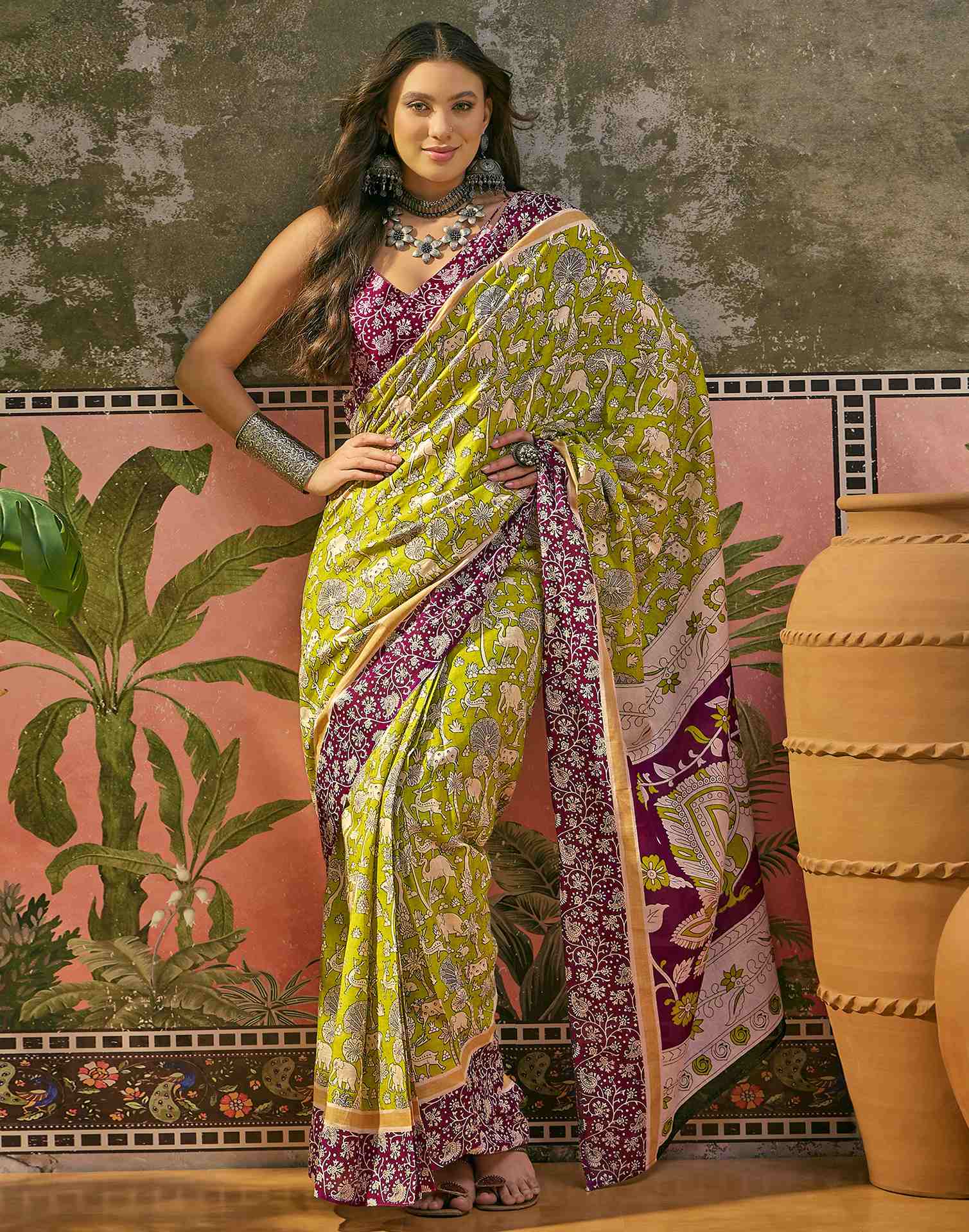Ready To Wear Lime Green Cotton Printed Saree