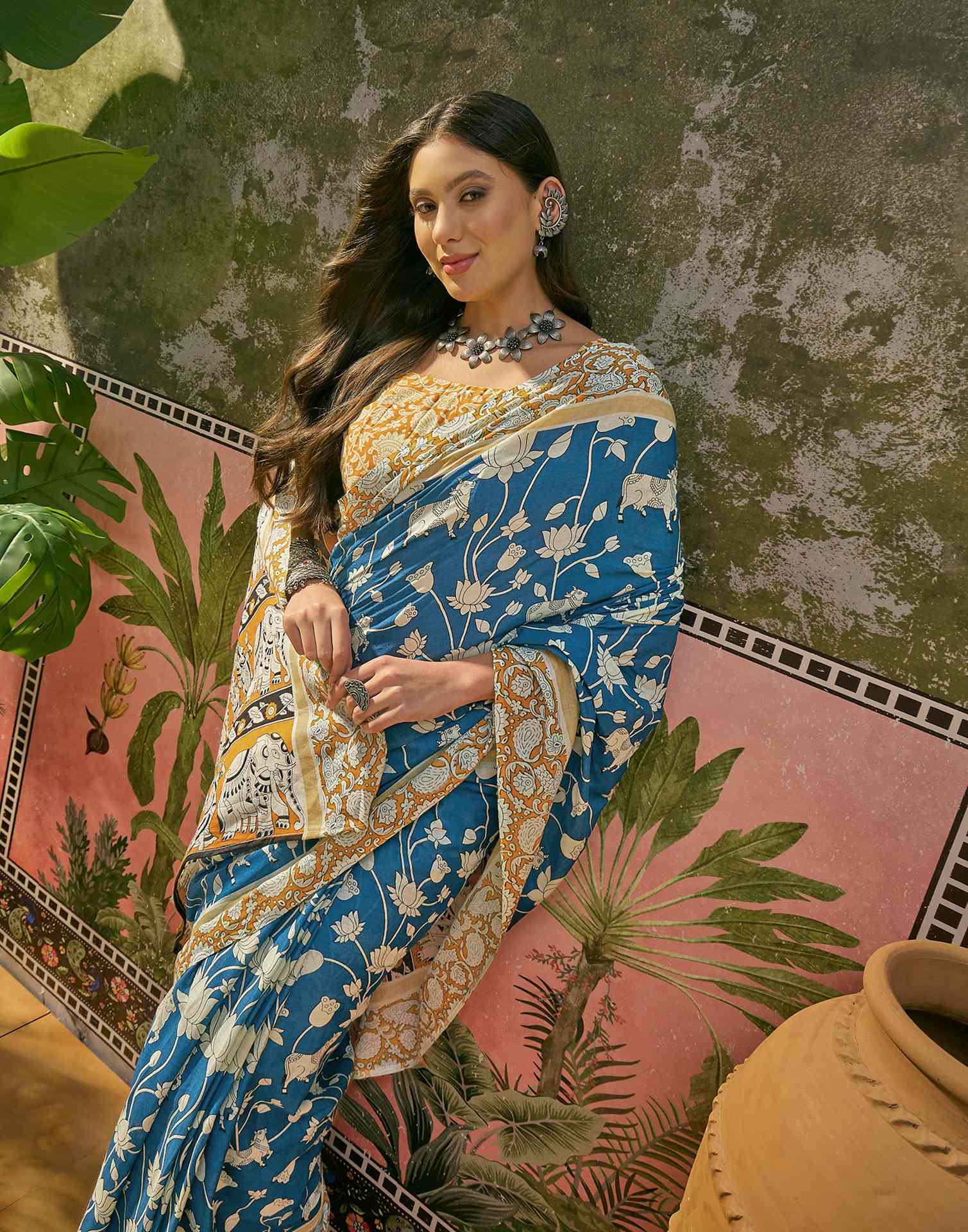 Ready To Wear Blue Cotton Printed Saree