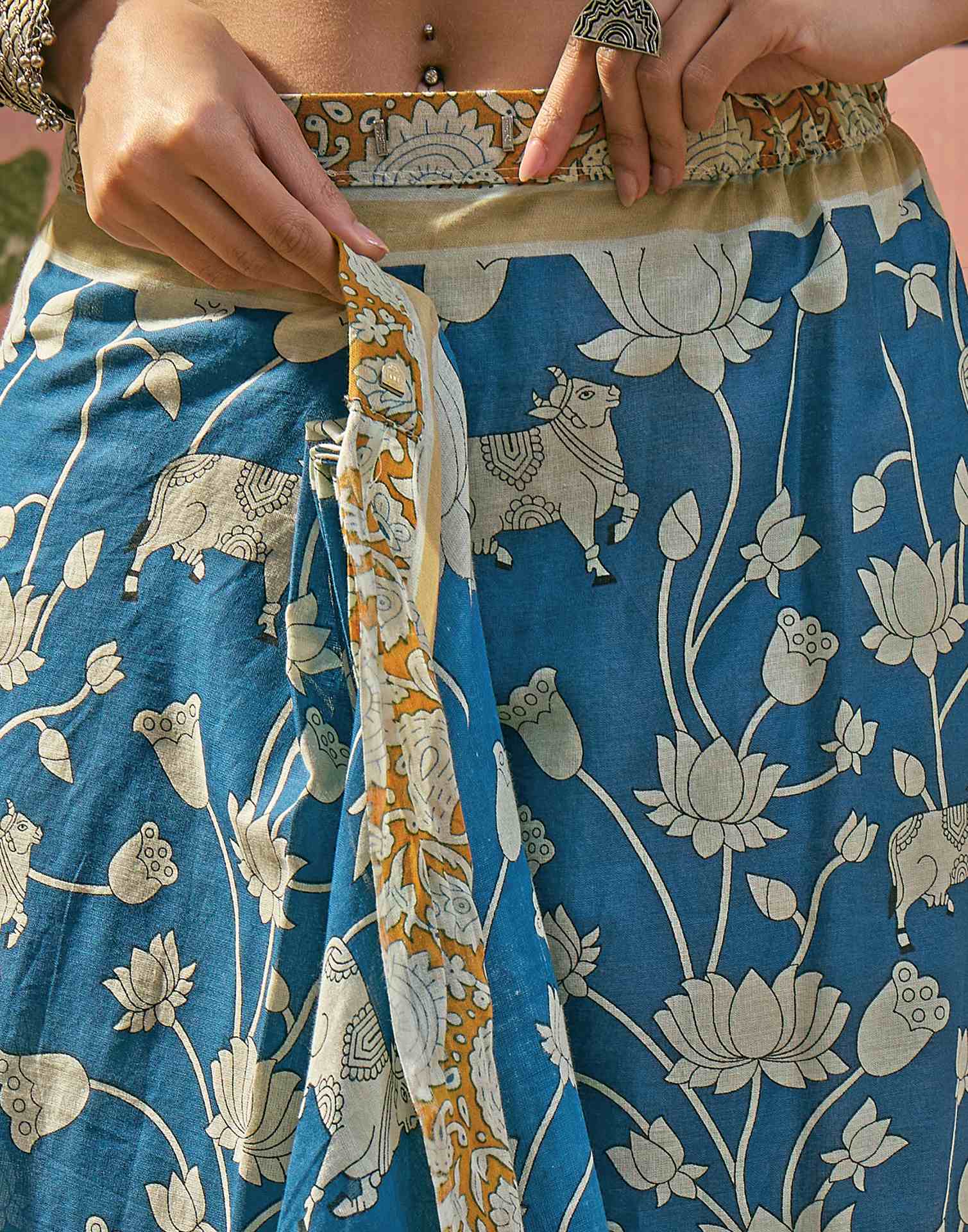 Ready To Wear Blue Cotton Printed Saree