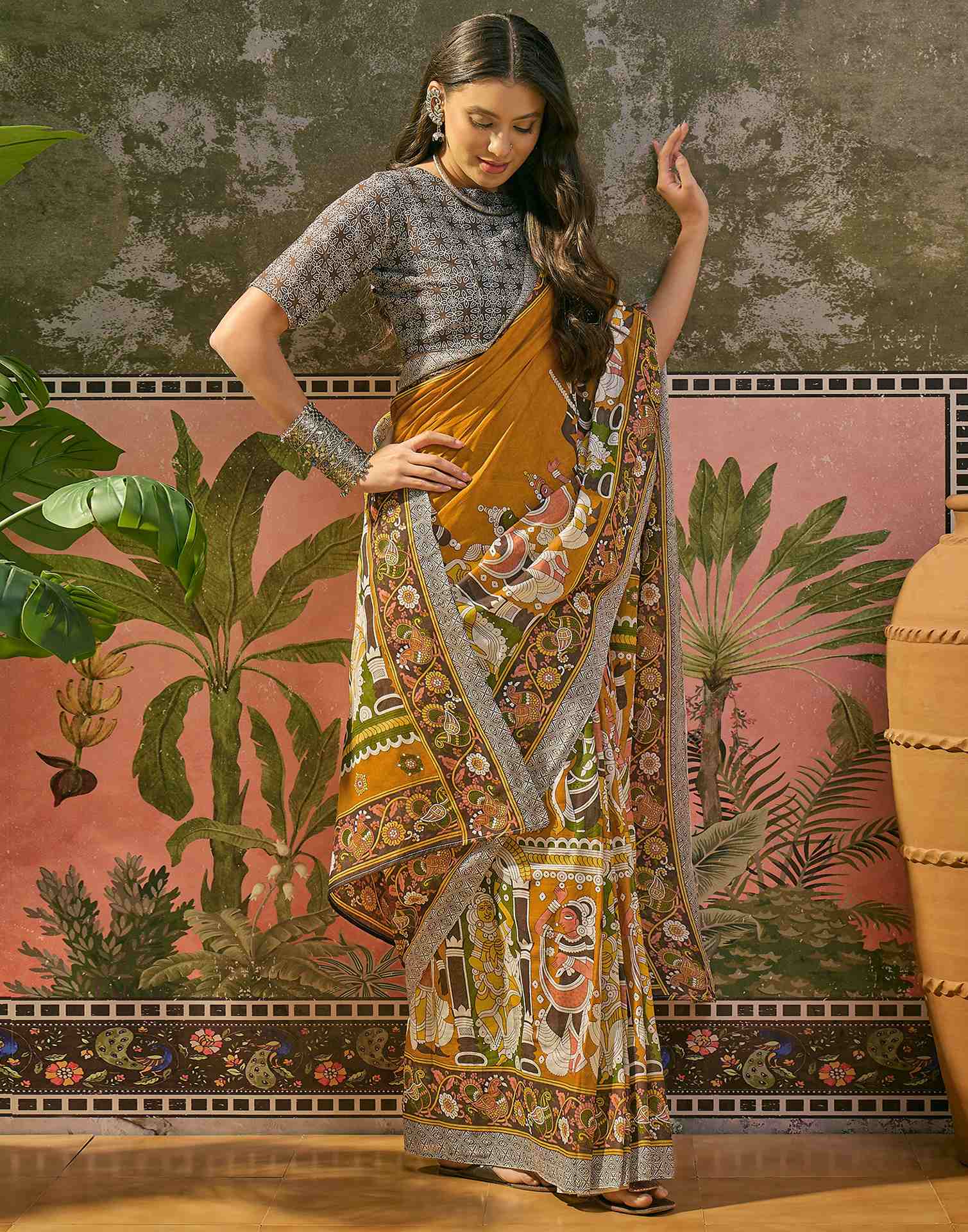 Ready To Wear Mustard Yellow Cotton Printed Saree