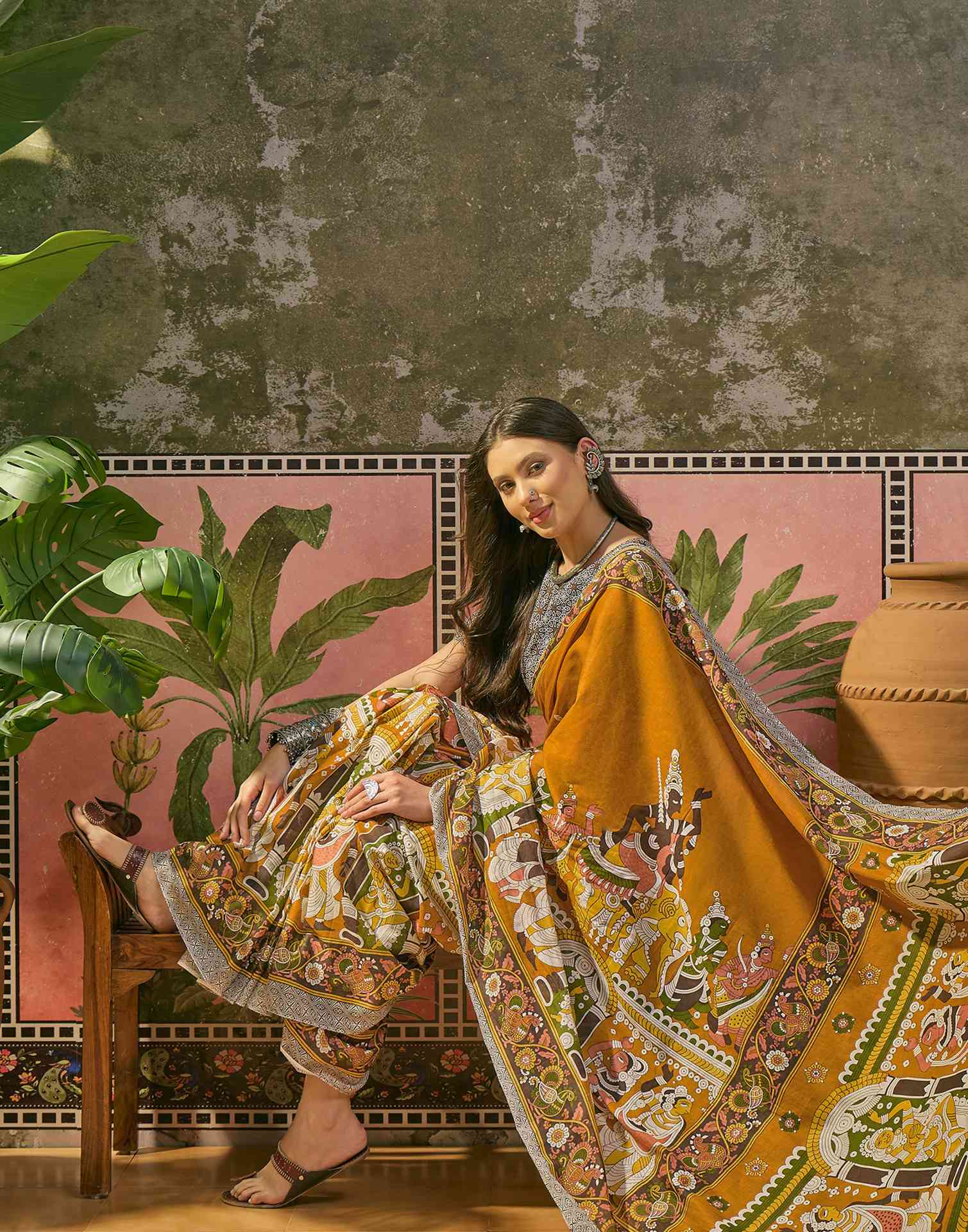 Ready To Wear Mustard Yellow Cotton Printed Saree