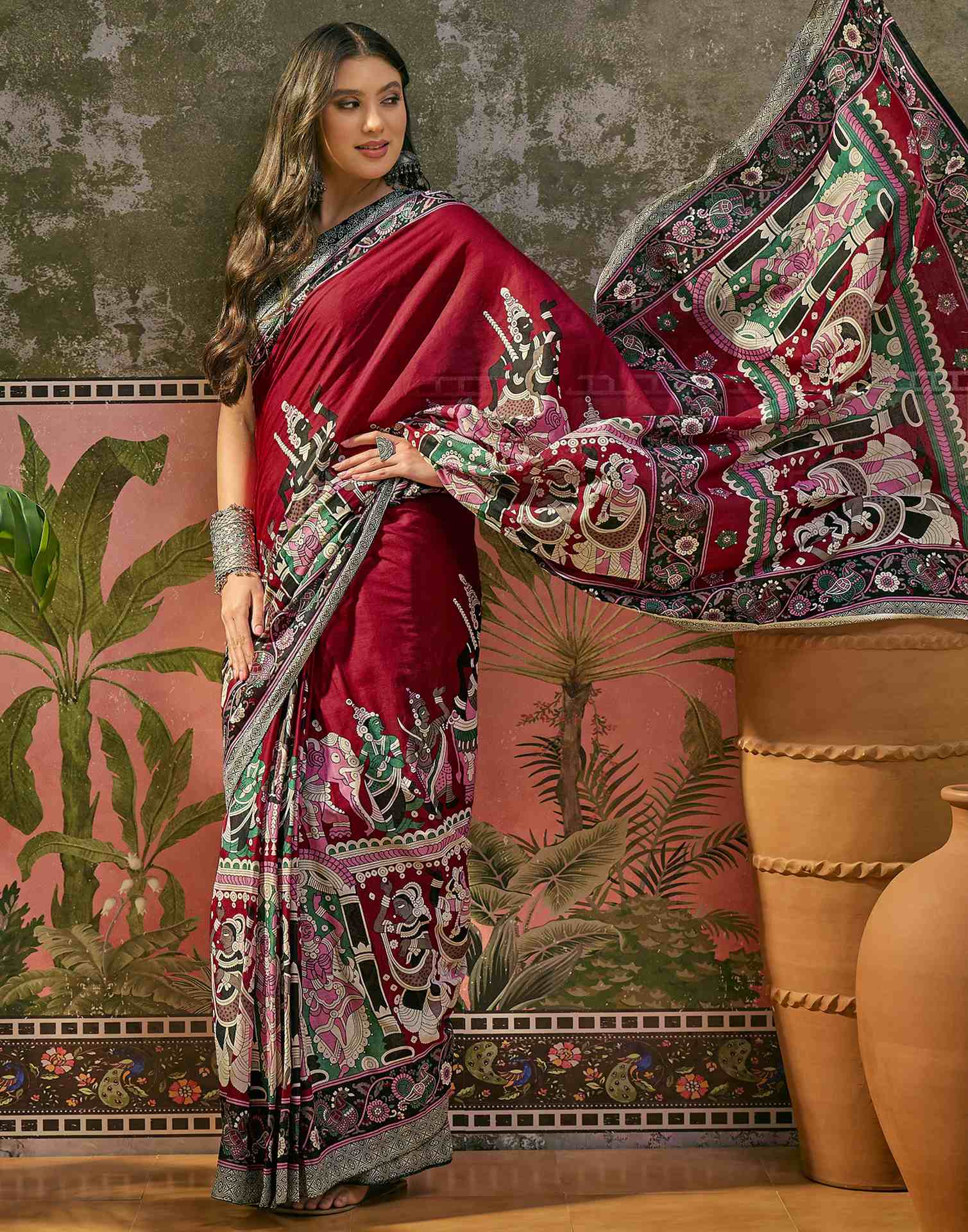 Ready To Wear Maroon Cotton Printed Saree