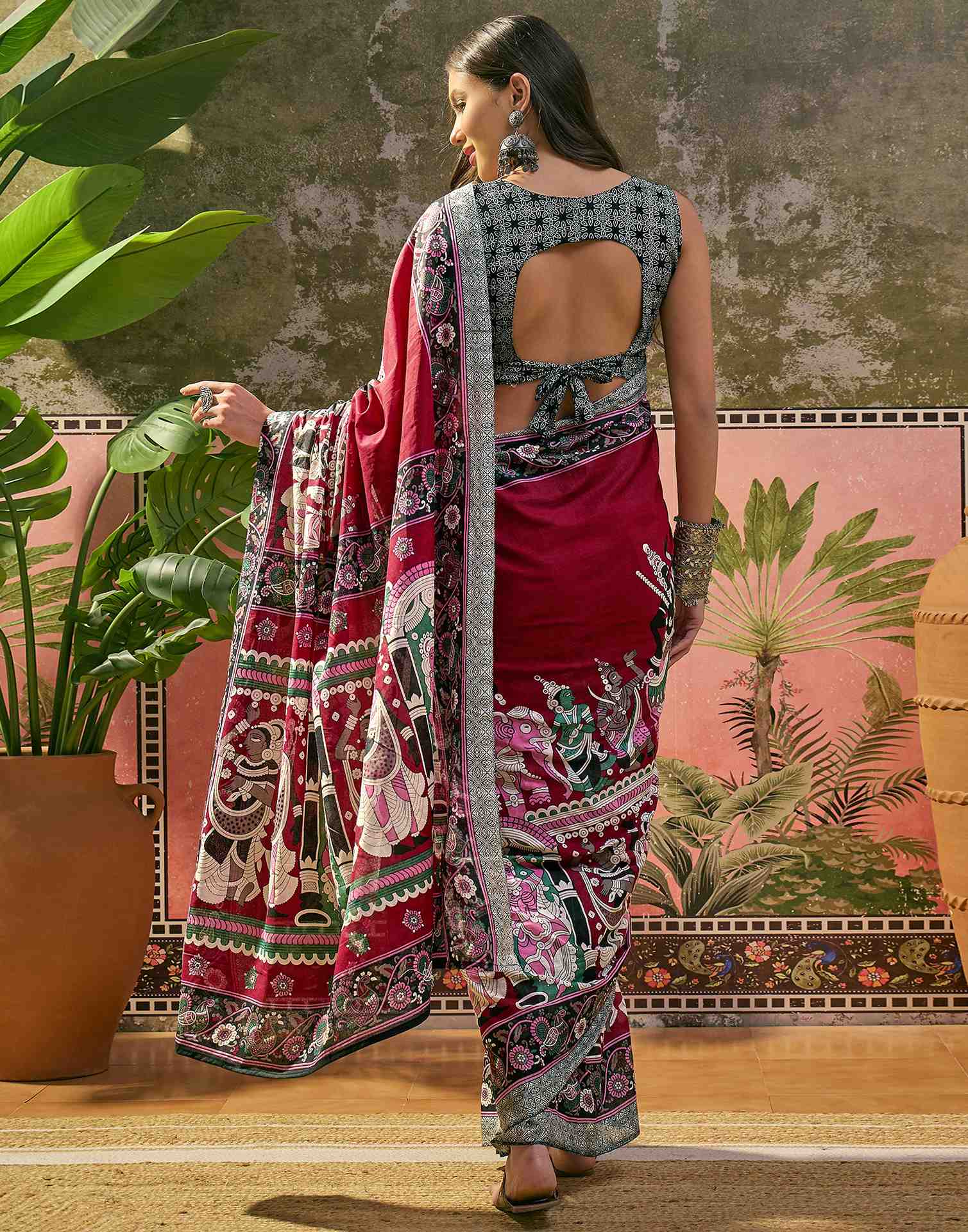 Ready To Wear Maroon Cotton Printed Saree