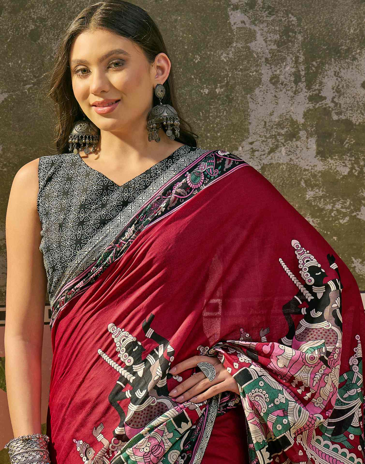 Ready To Wear Maroon Cotton Printed Saree