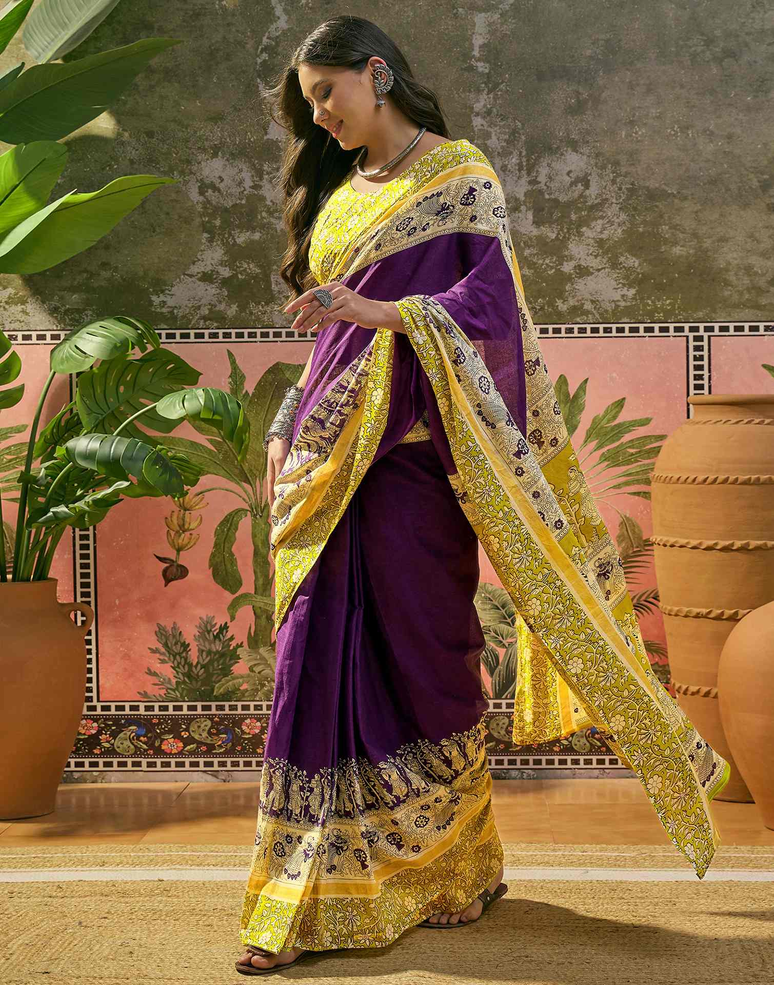 Ready To Wear Purple Cotton Printed Saree