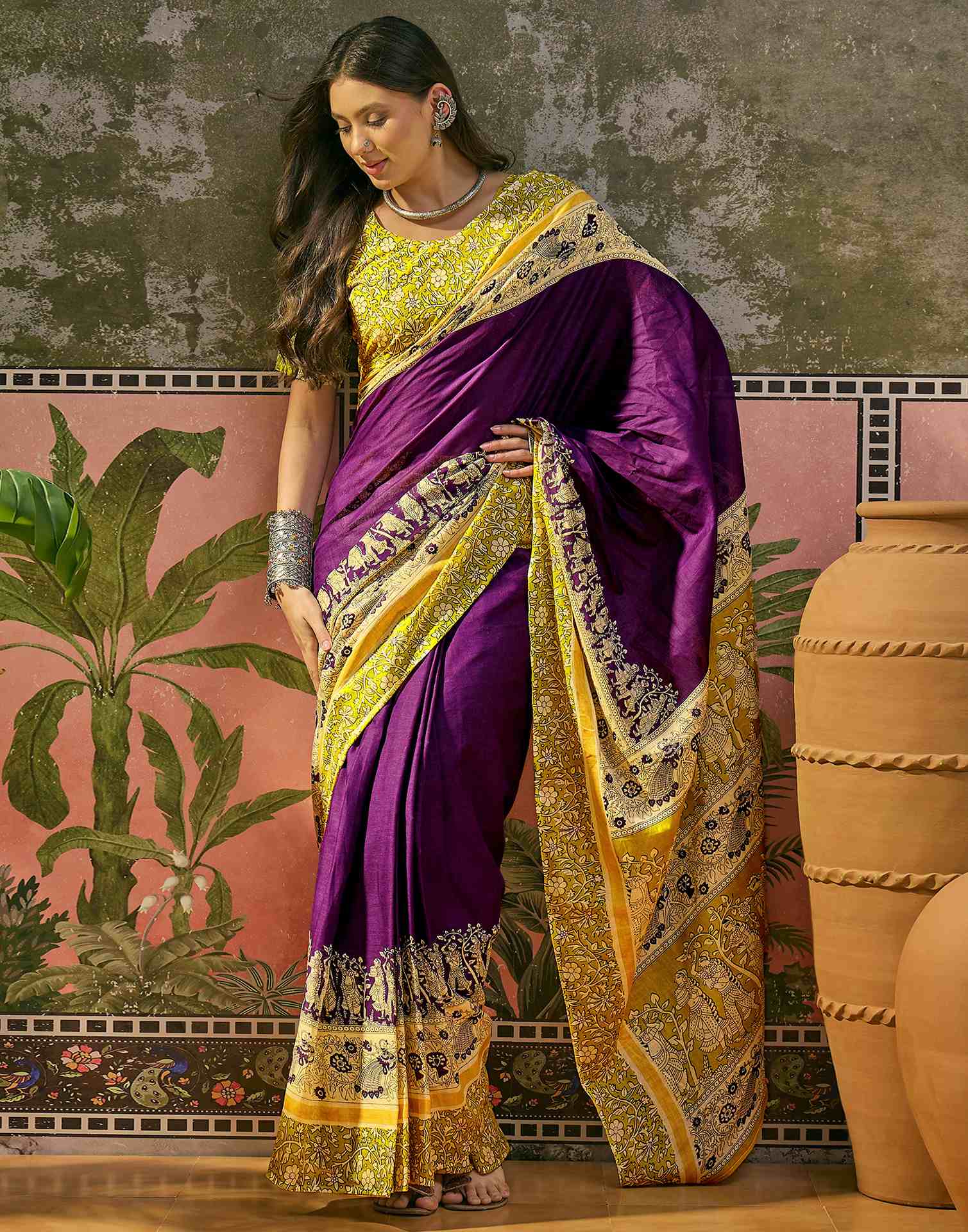 Ready To Wear Purple Cotton Printed Saree