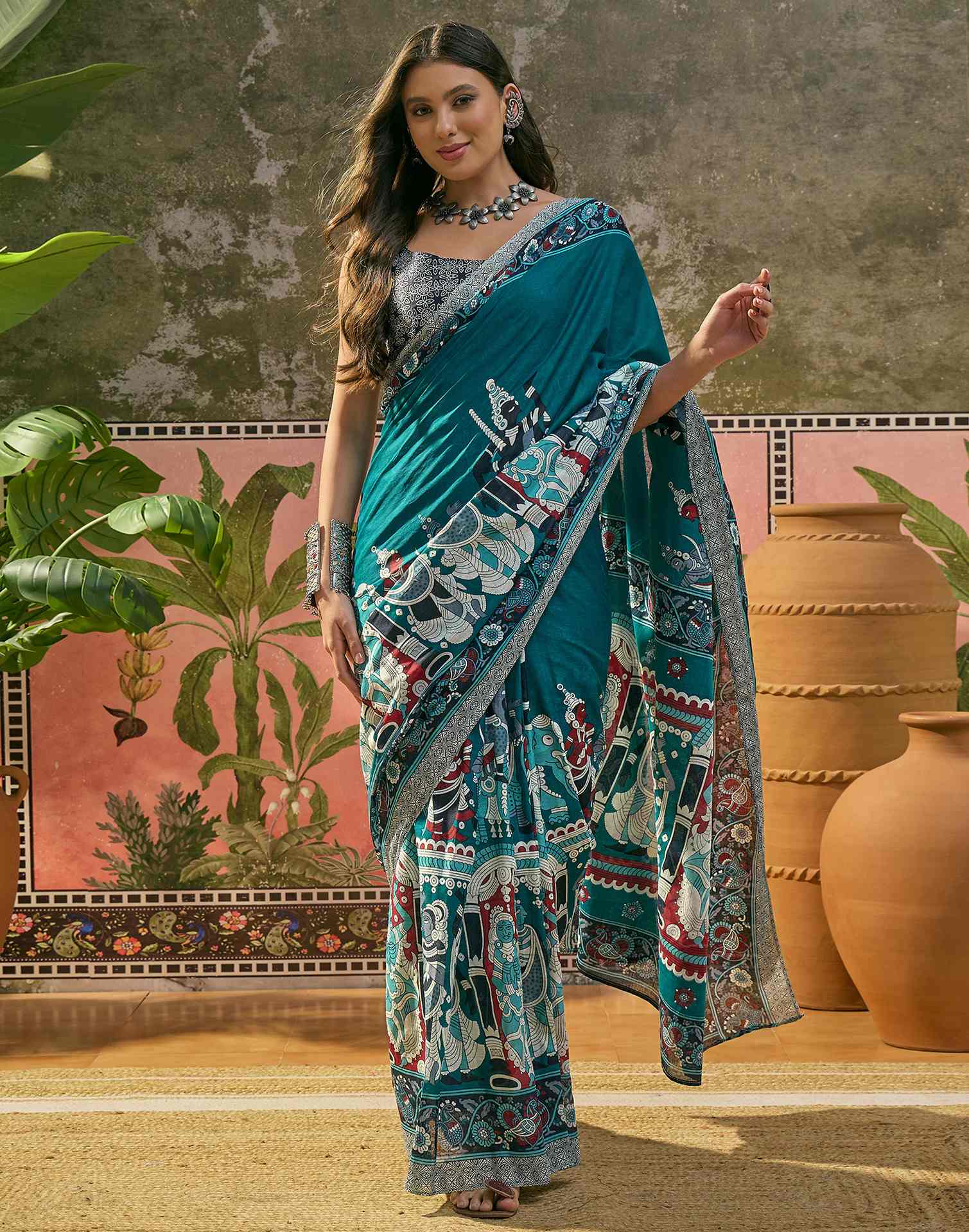Ready To Wear Teal Blue Cotton Printed Saree