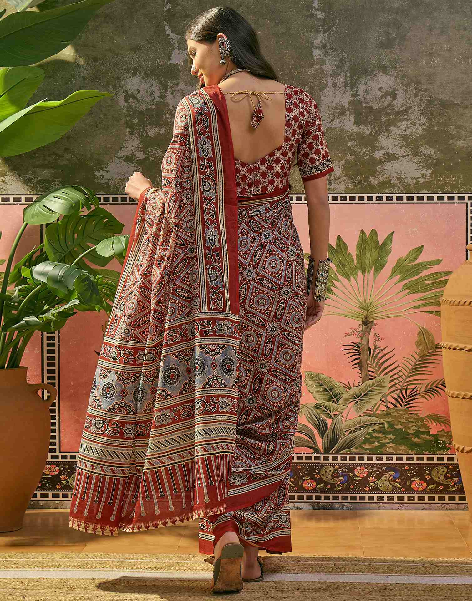 Ready To Wear Rust Cotton Printed Saree