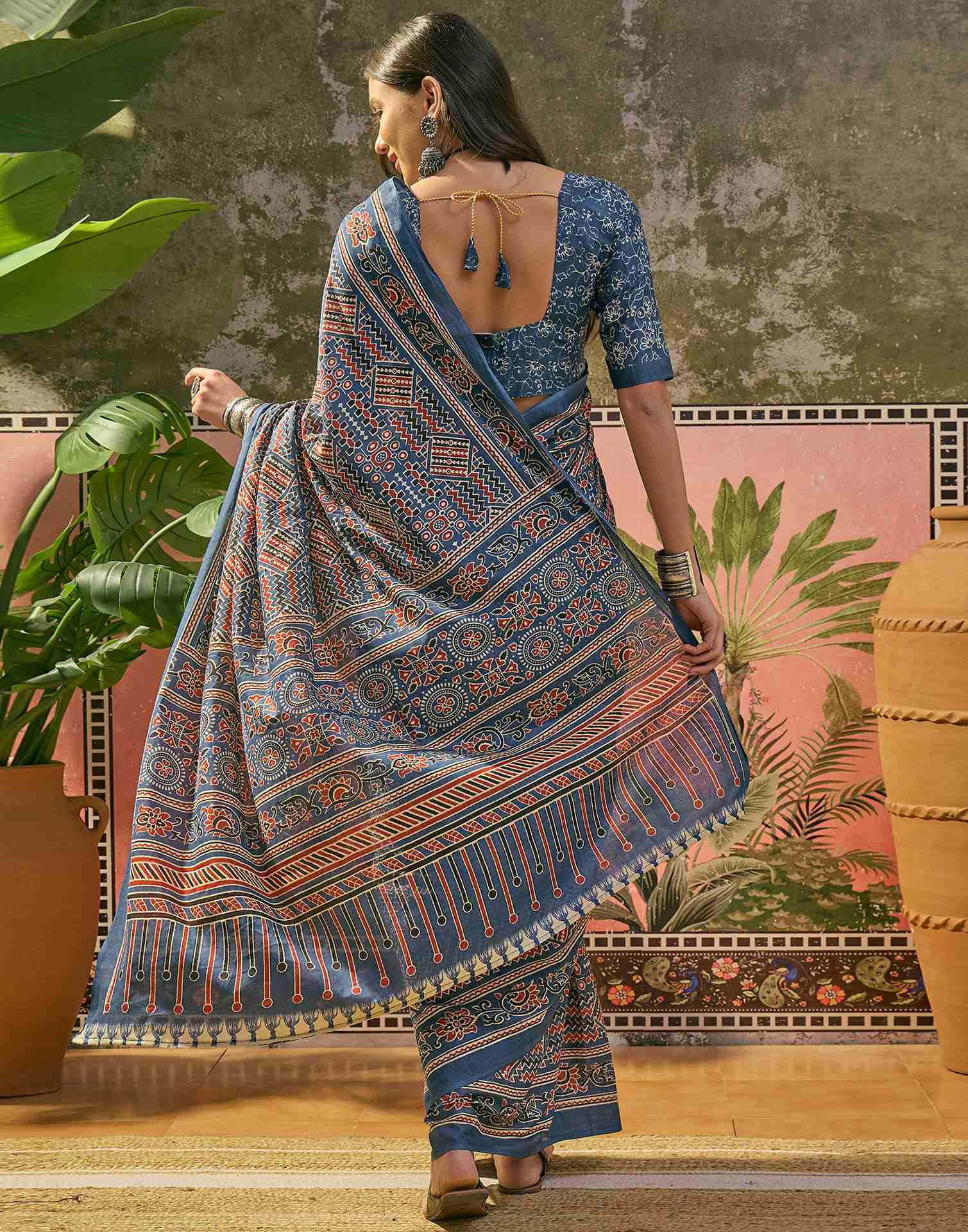 Ready To Wear Blue Cotton Printed Saree
