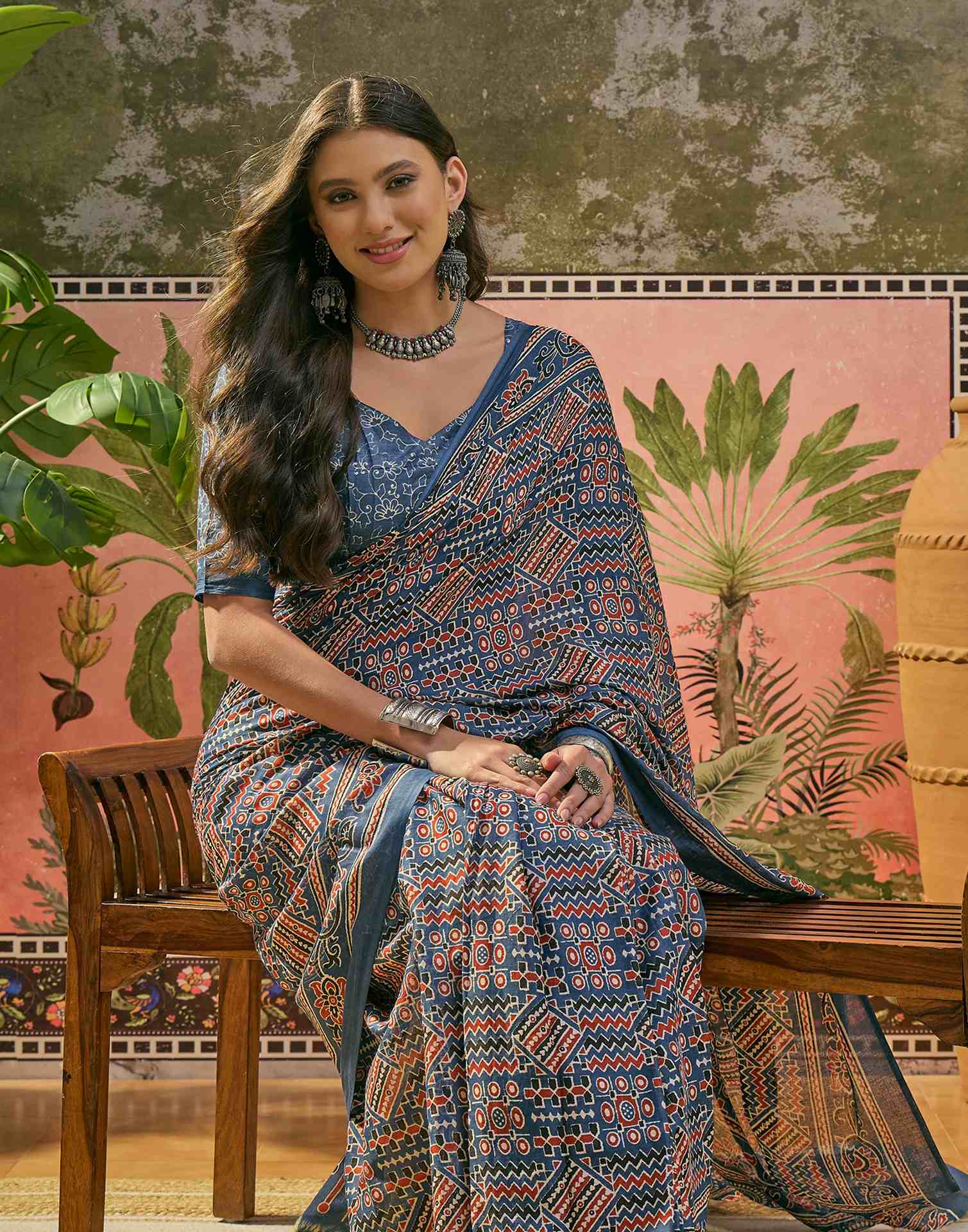 Ready To Wear Blue Cotton Printed Saree