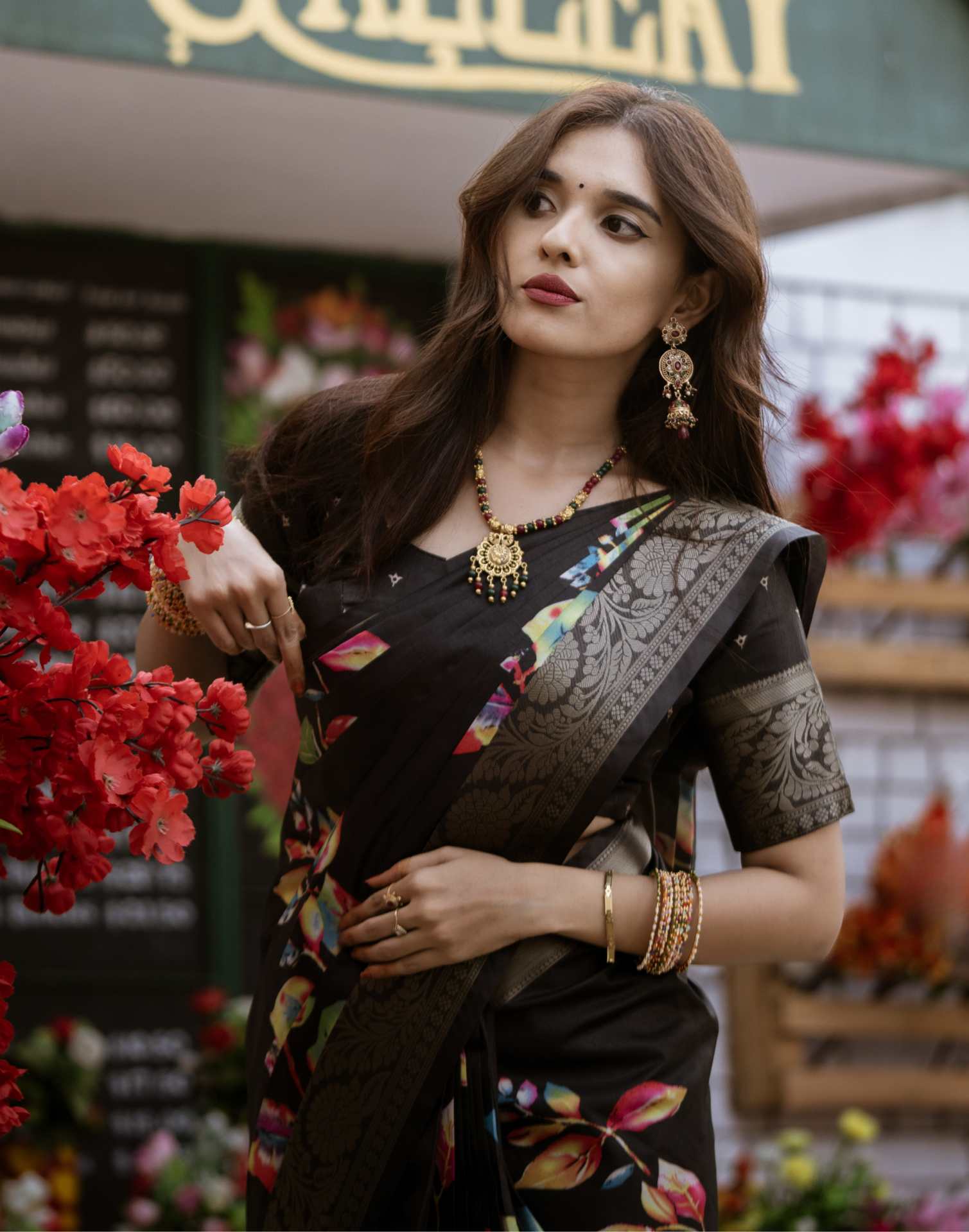 Black Dola Silk Floral Printed Saree