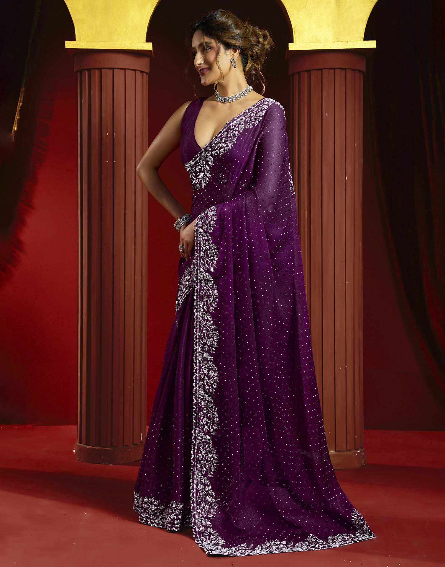 Purple Shimmer Stone Work Swarovski Saree