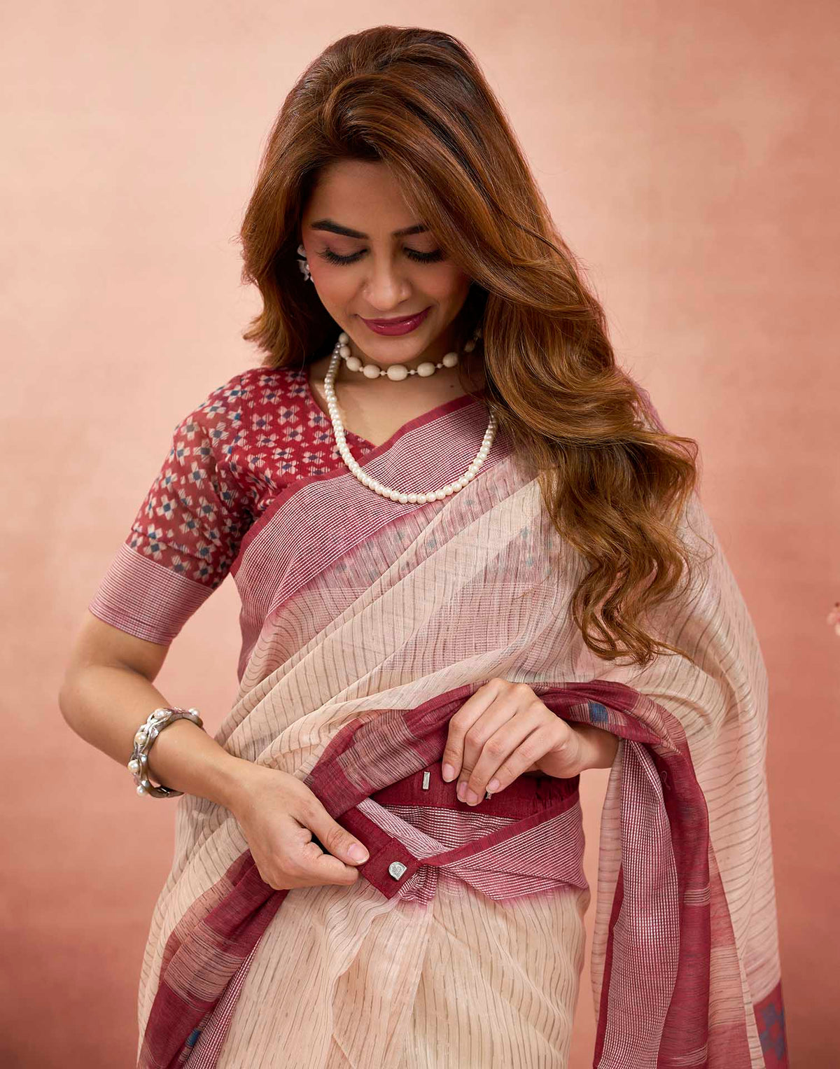 Ready To Wear Beige Linen Printed Saree