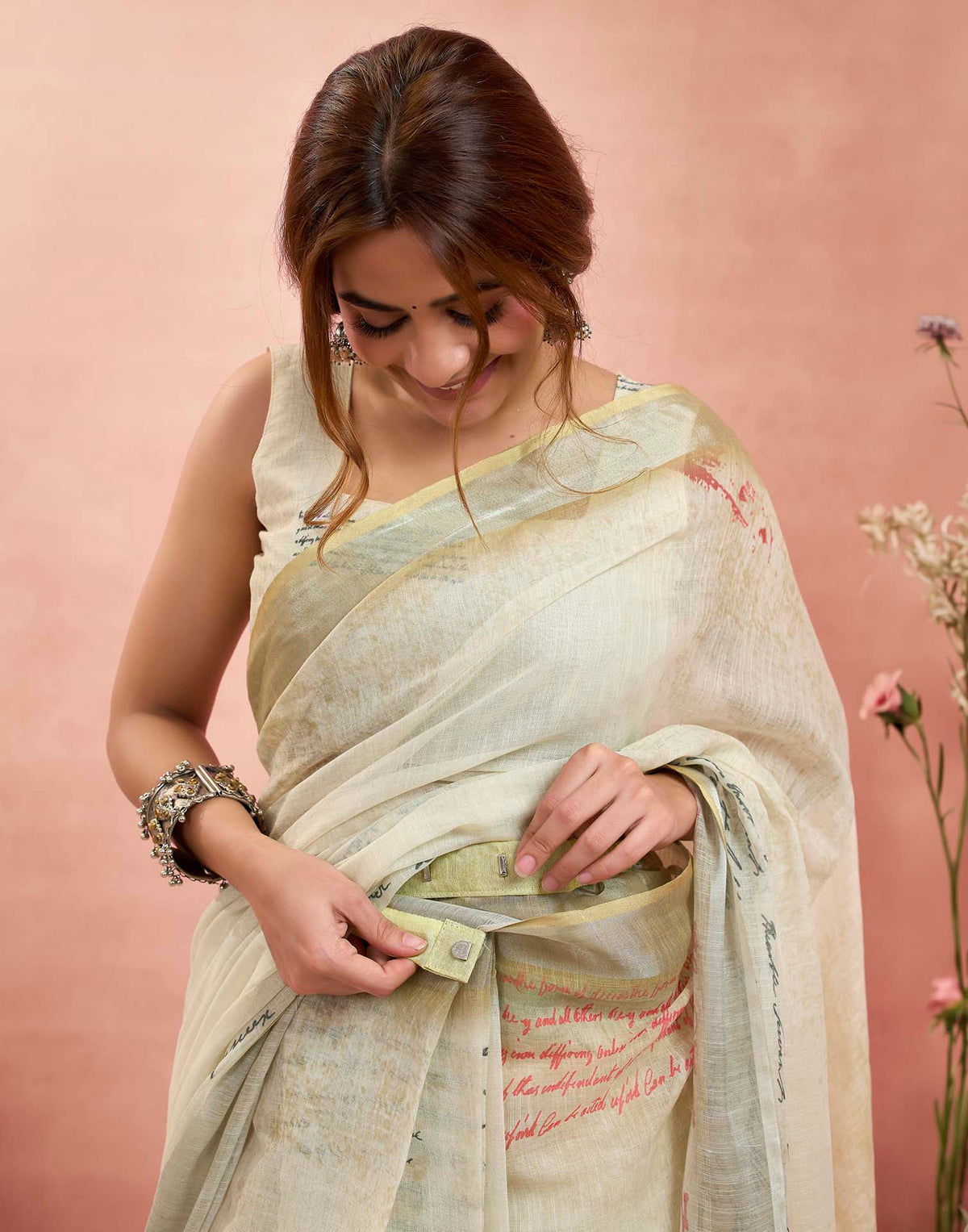 Ready To Wear Light Green Linen Printed Saree