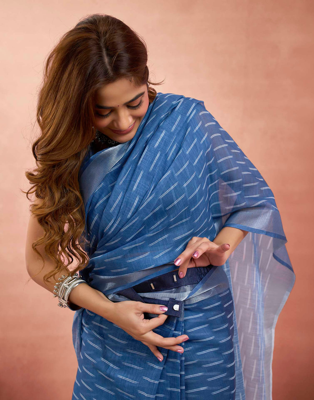 Ready To Wear Blue Linen Printed Saree