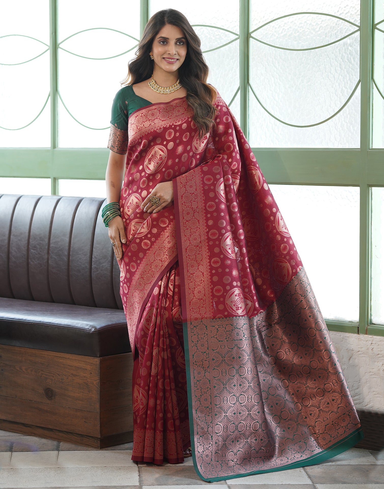 Dark Red Banarasi Silk Saree
