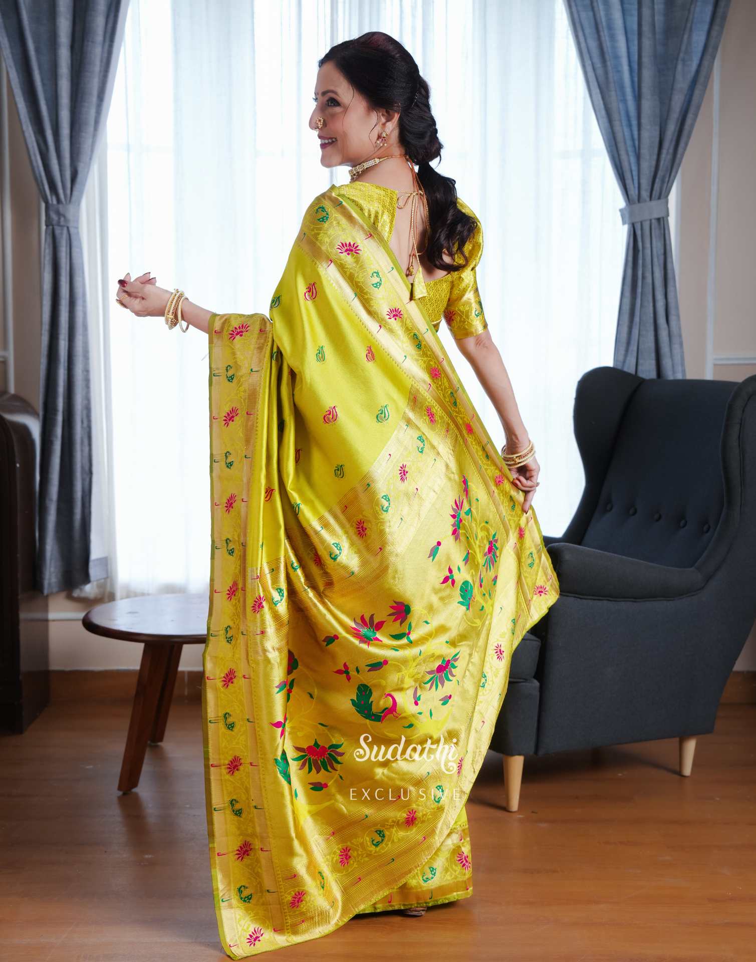 Kishori Shahane Lime Green Silk Woven Paithani Saree