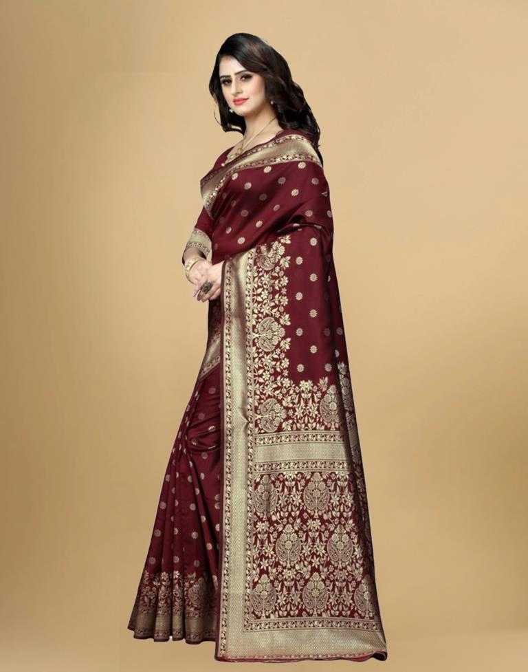 Maroon Silk Woven Banarasi Saree