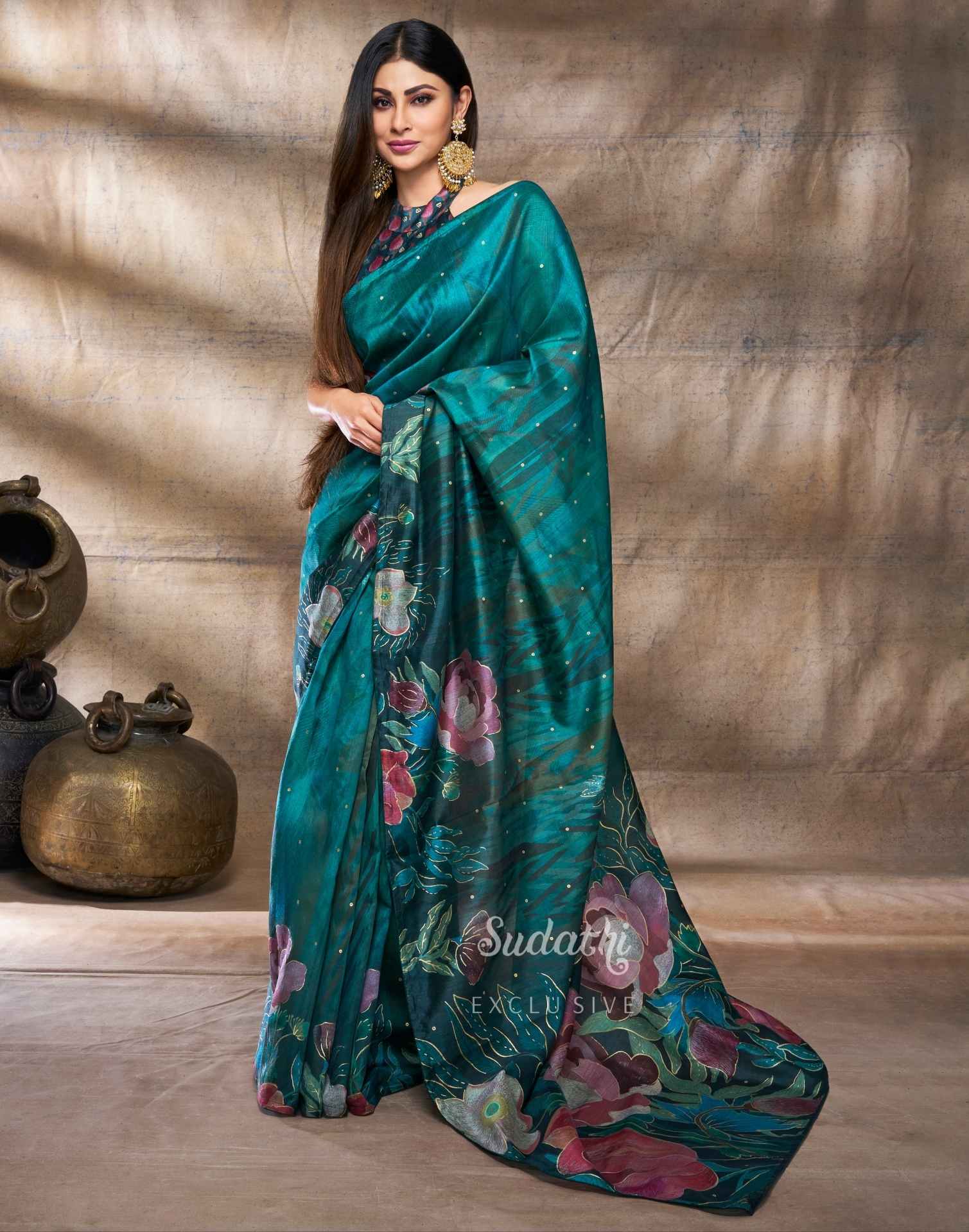 Mouni Roy Green Floral Blossom Ready To Wear Foil Saree