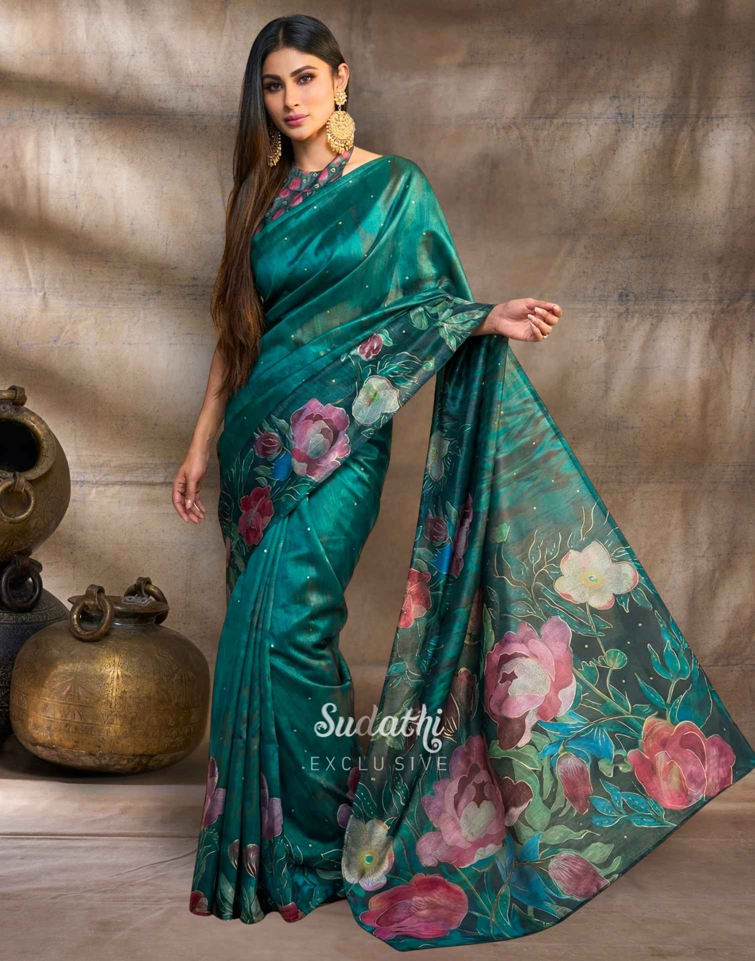 Mouni Roy Green Floral Blossom Ready To Wear Foil Saree
