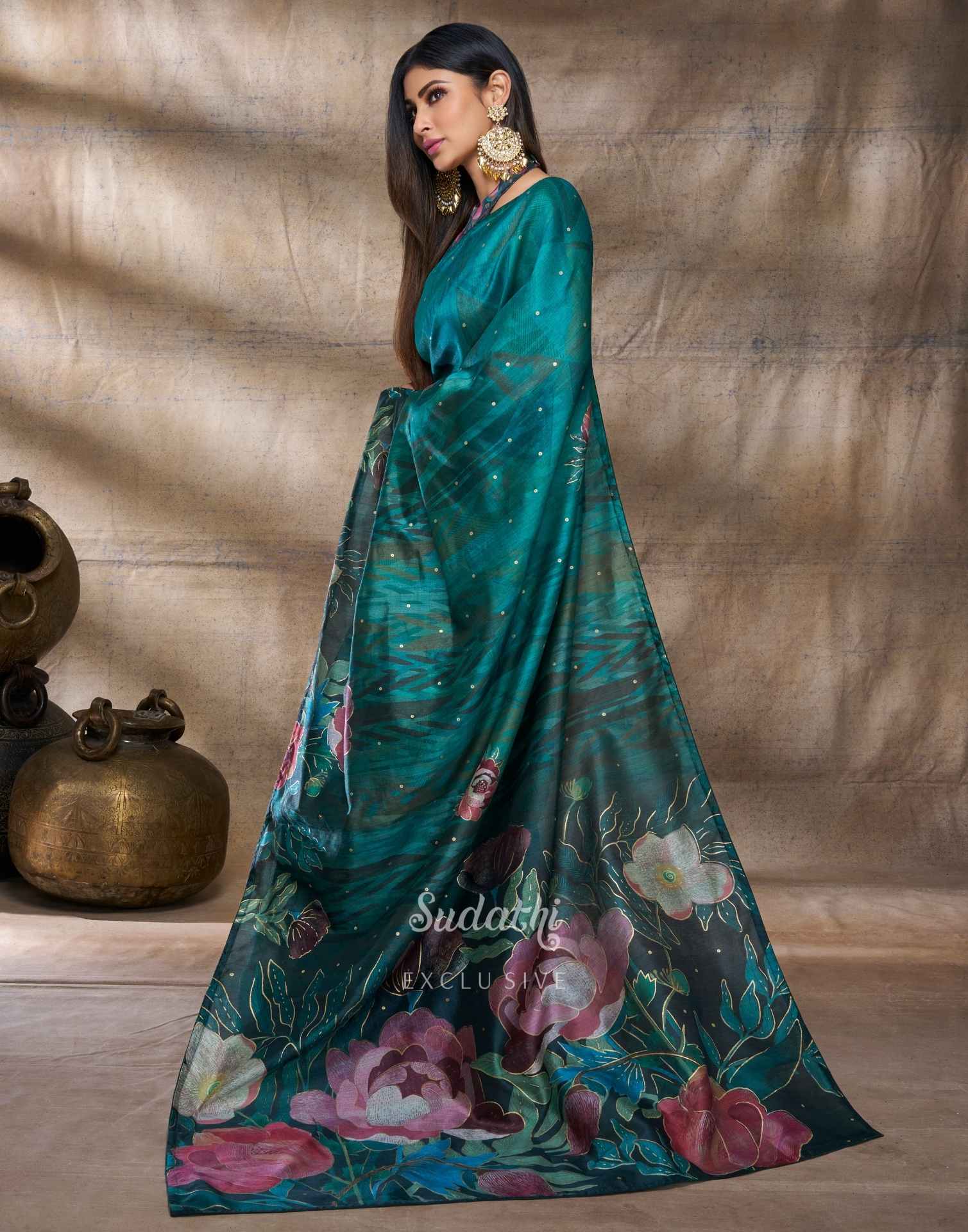 Mouni Roy Green Floral Blossom Ready To Wear Foil Saree