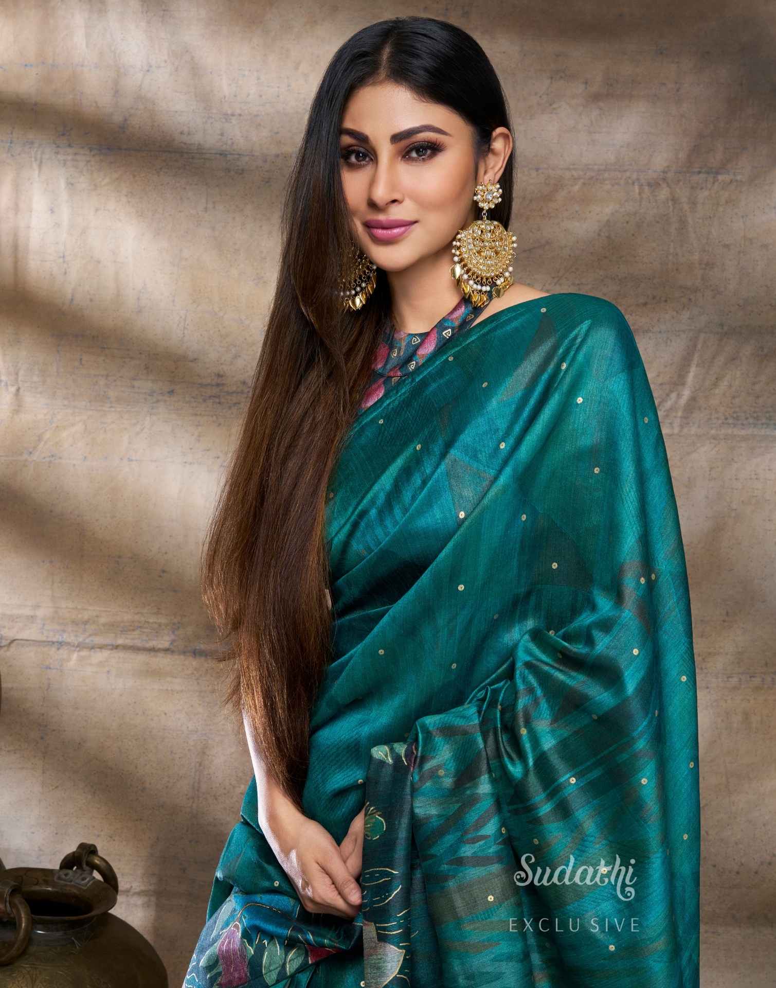 Mouni Roy Green Floral Blossom Ready To Wear Foil Saree