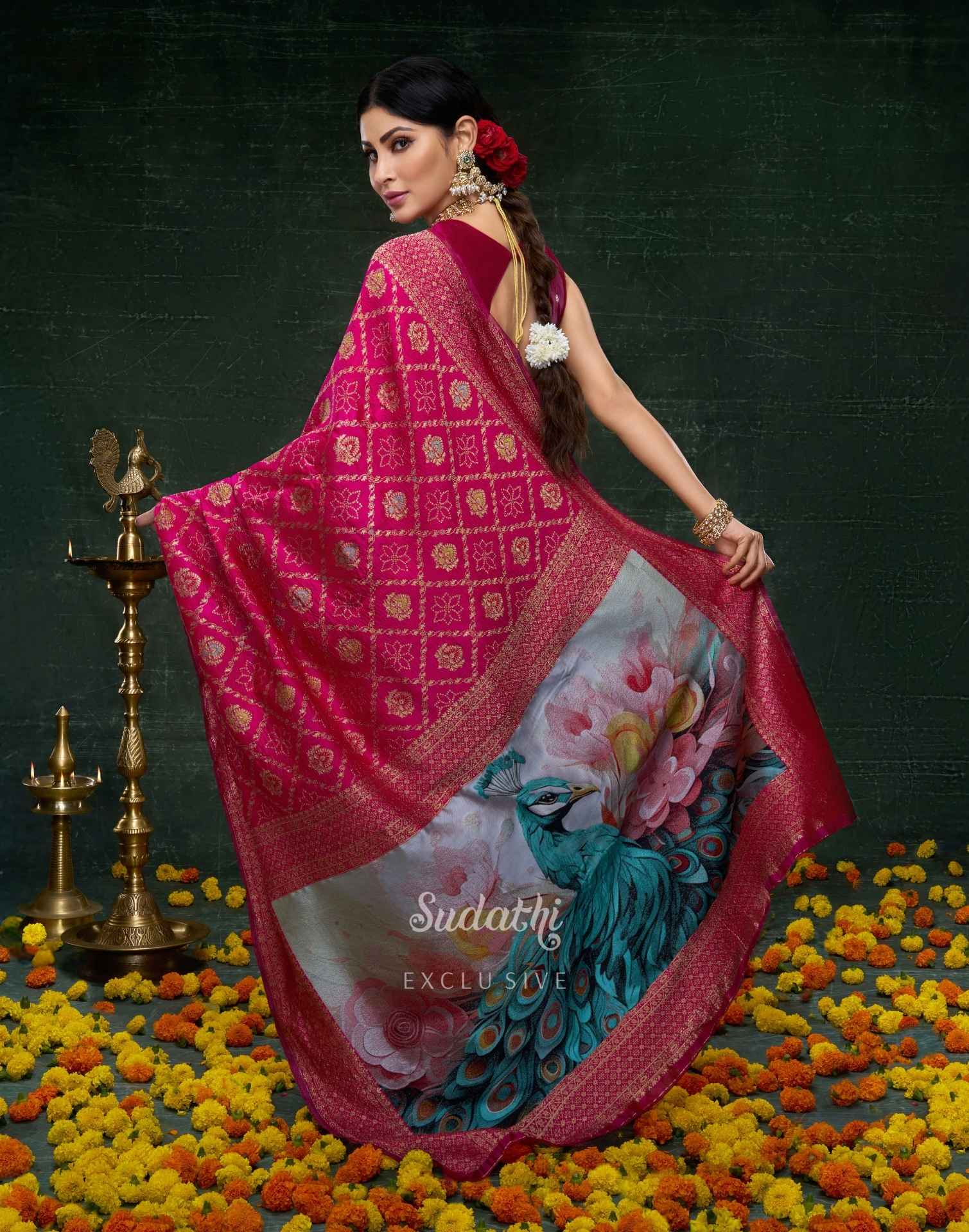 Mouni Roy Rani Pink Peacock Banarasi Saree