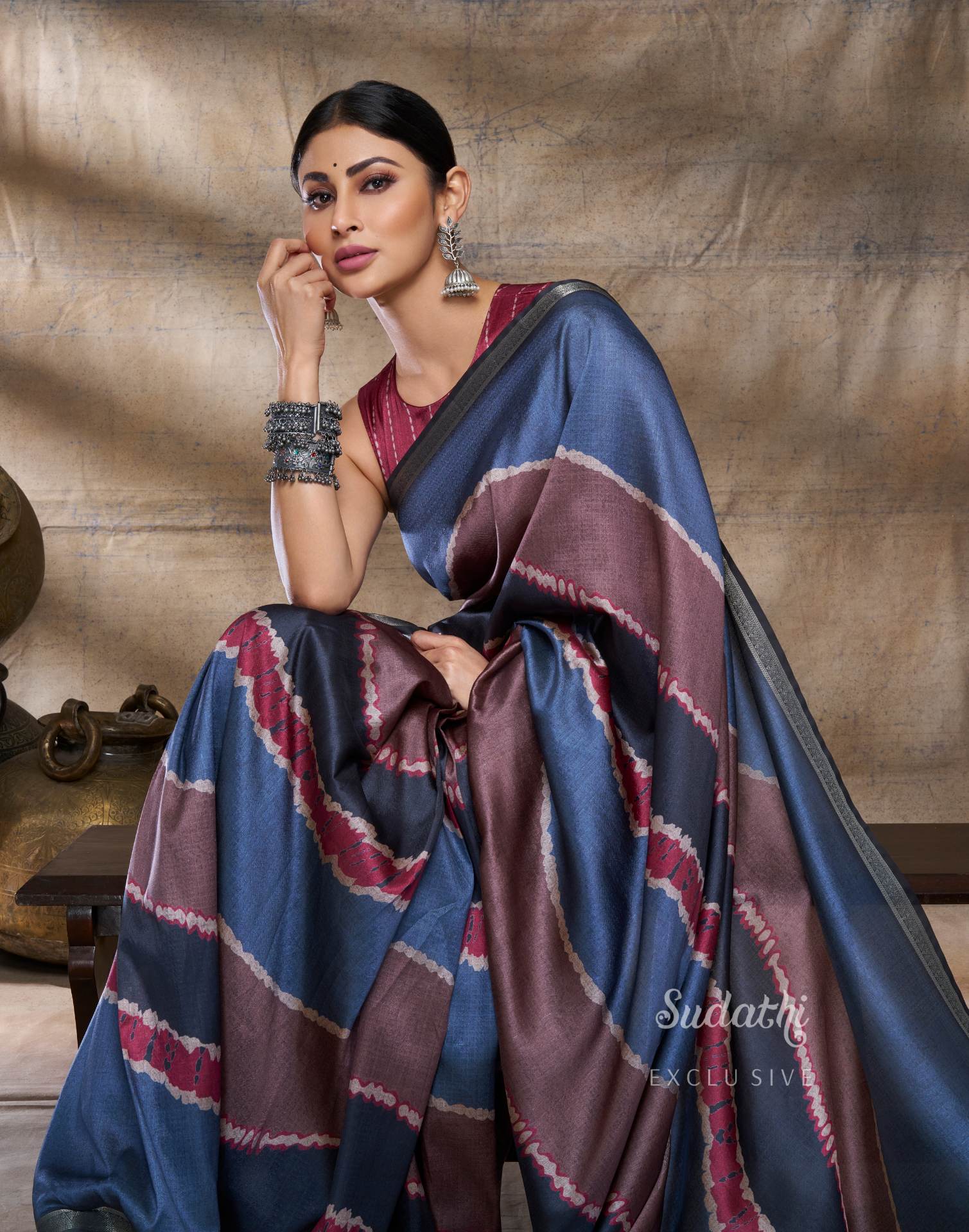 Mouni Roy Rusty Grey Terracotta Silk Saree from Sudathi