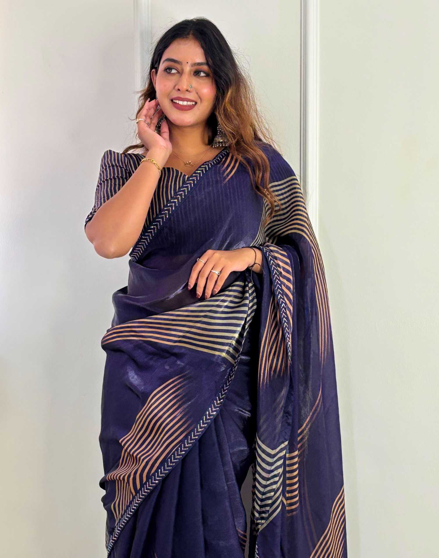 Mouni Roy Midnight Blue Gold Swarovski Saree