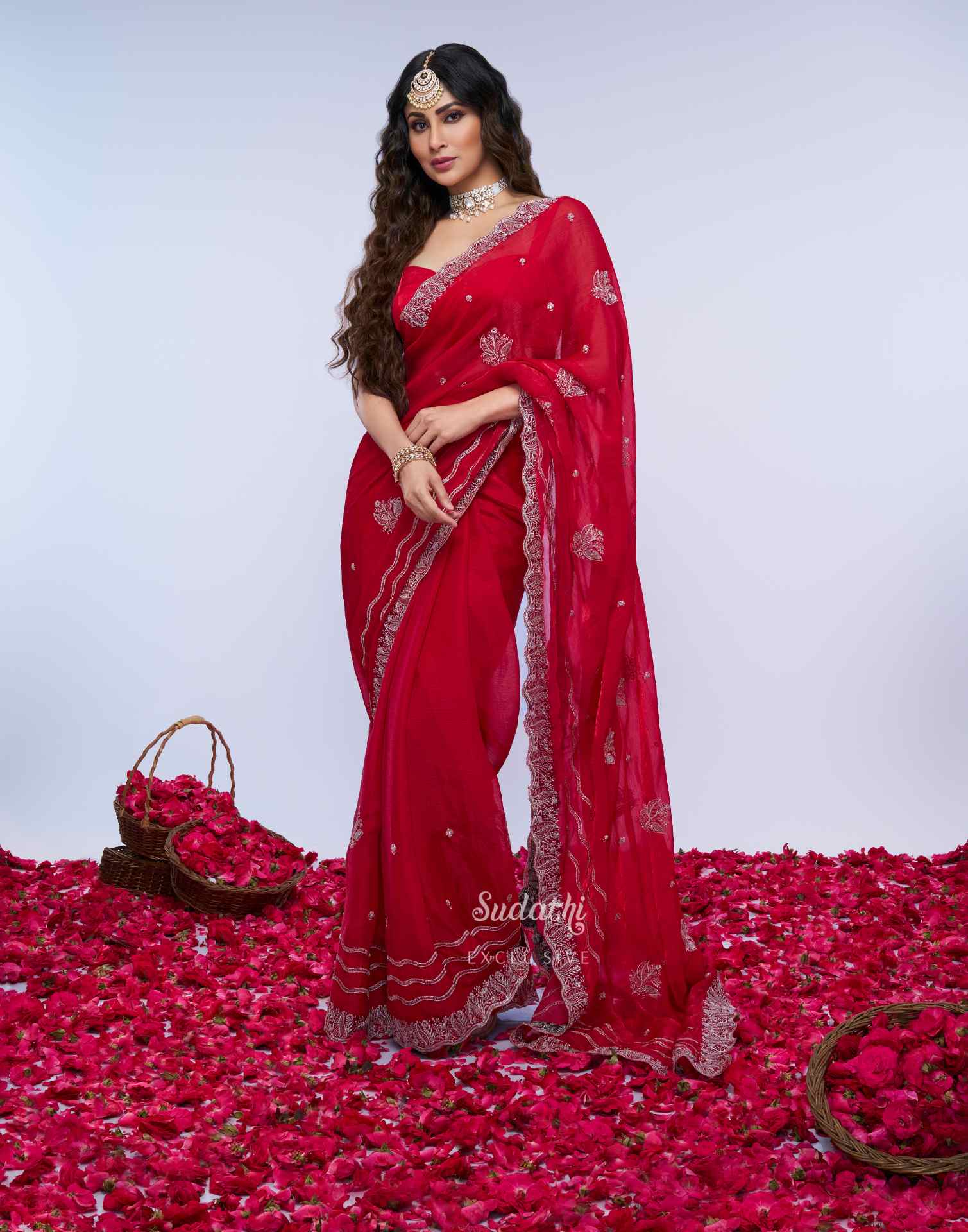 Mouni Roy Crimson Rose Zari Embroidery Saree