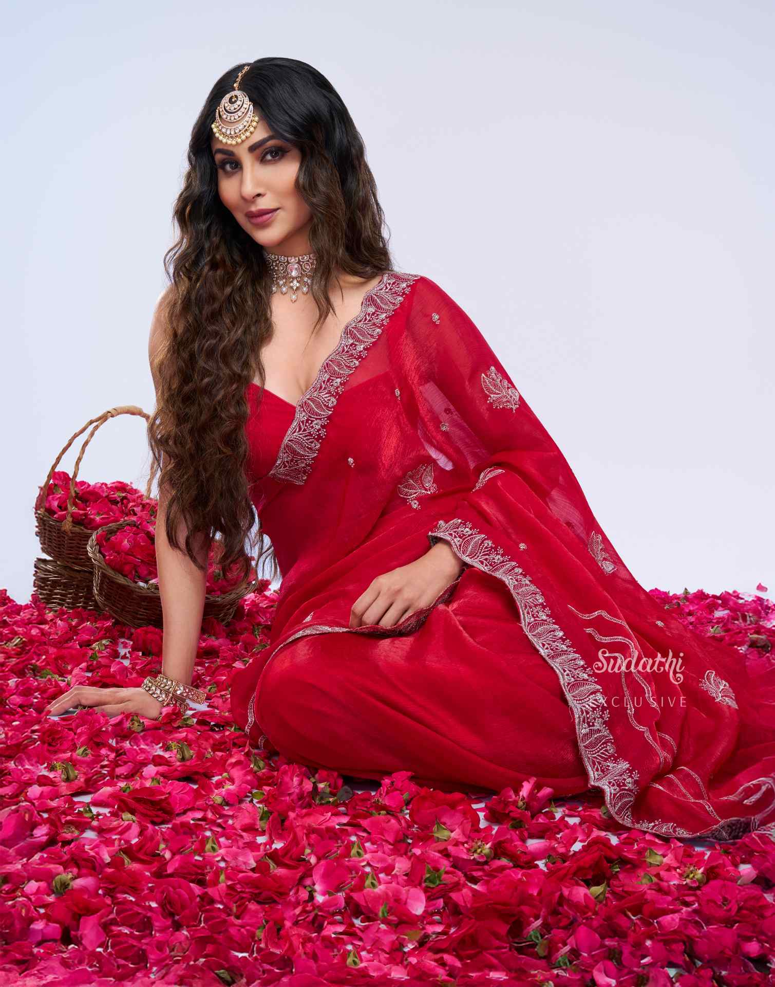 Mouni Roy Crimson Rose Zari Embroidery Saree