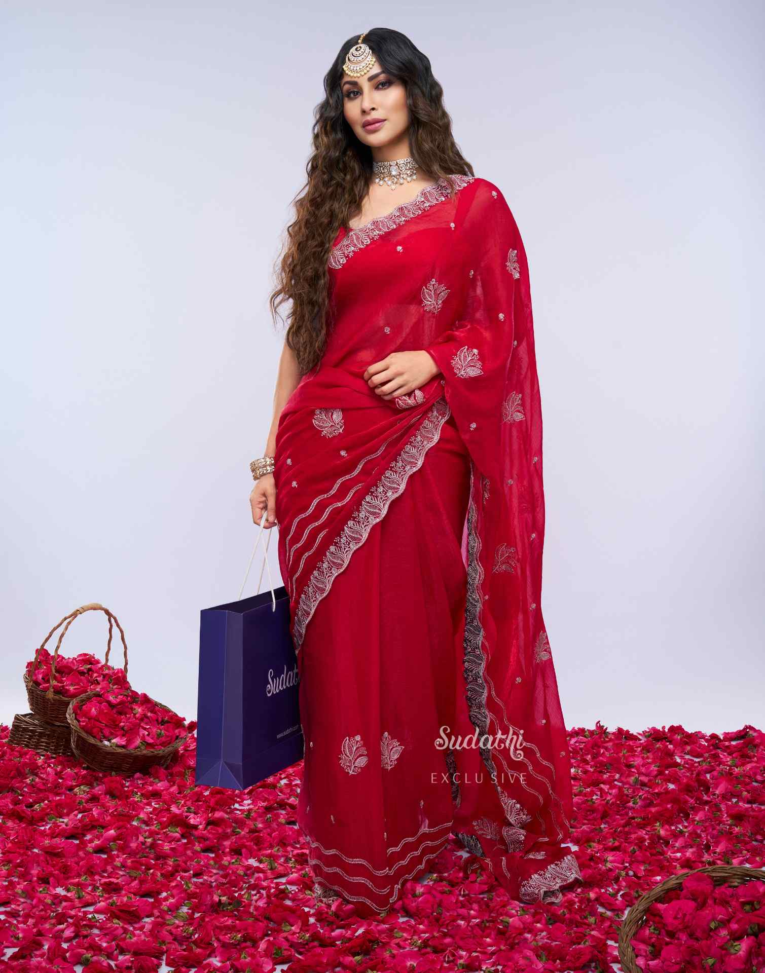 Mouni Roy Crimson Rose Zari Embroidery Saree