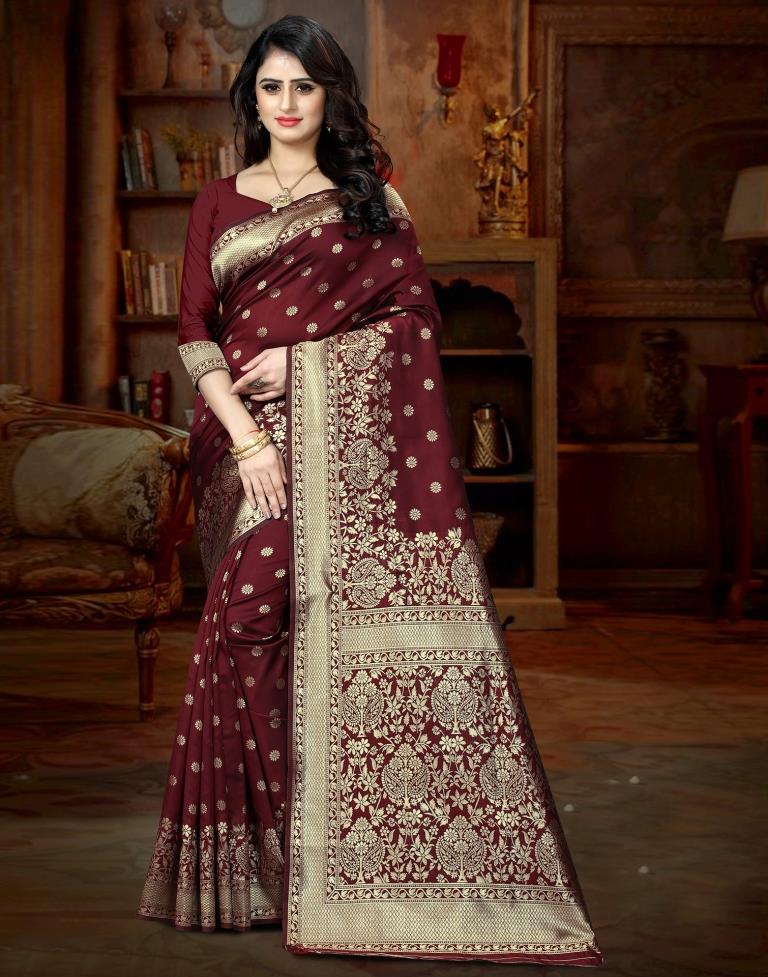 Maroon Silk Woven Banarasi Saree