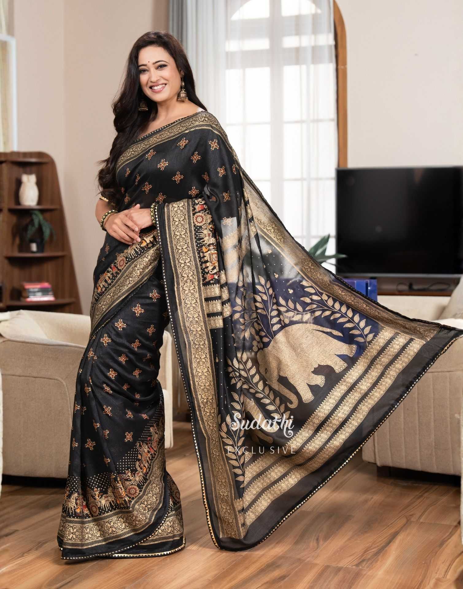 Shweta Tiwari Midnight Black Foil Silk Saree Sudathi