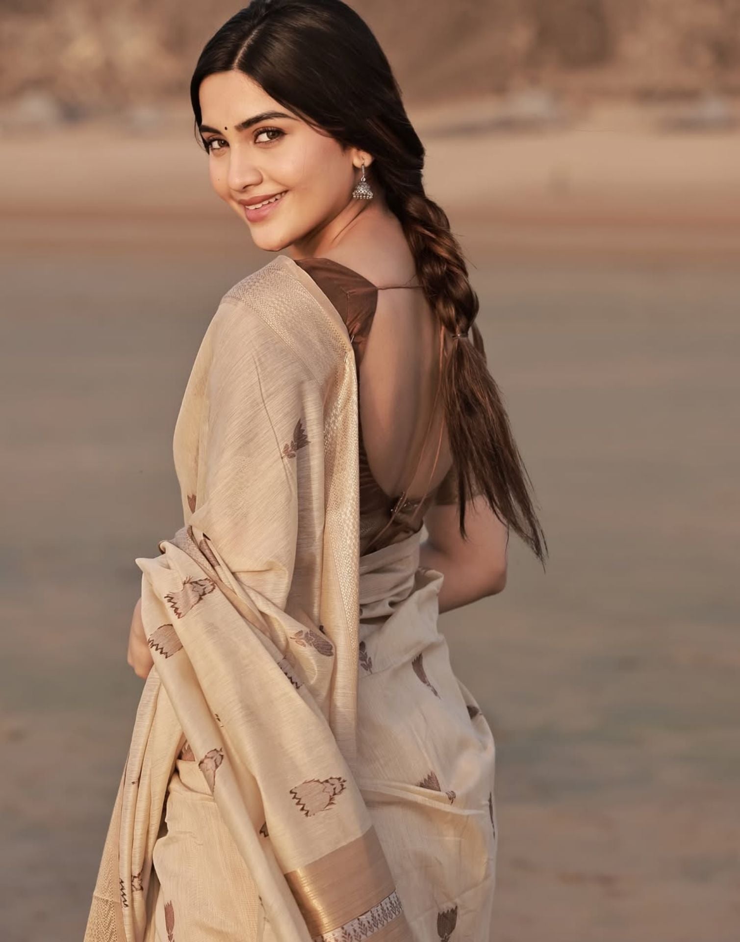 Tina Datta Beige Cotton Woven Zari Saree