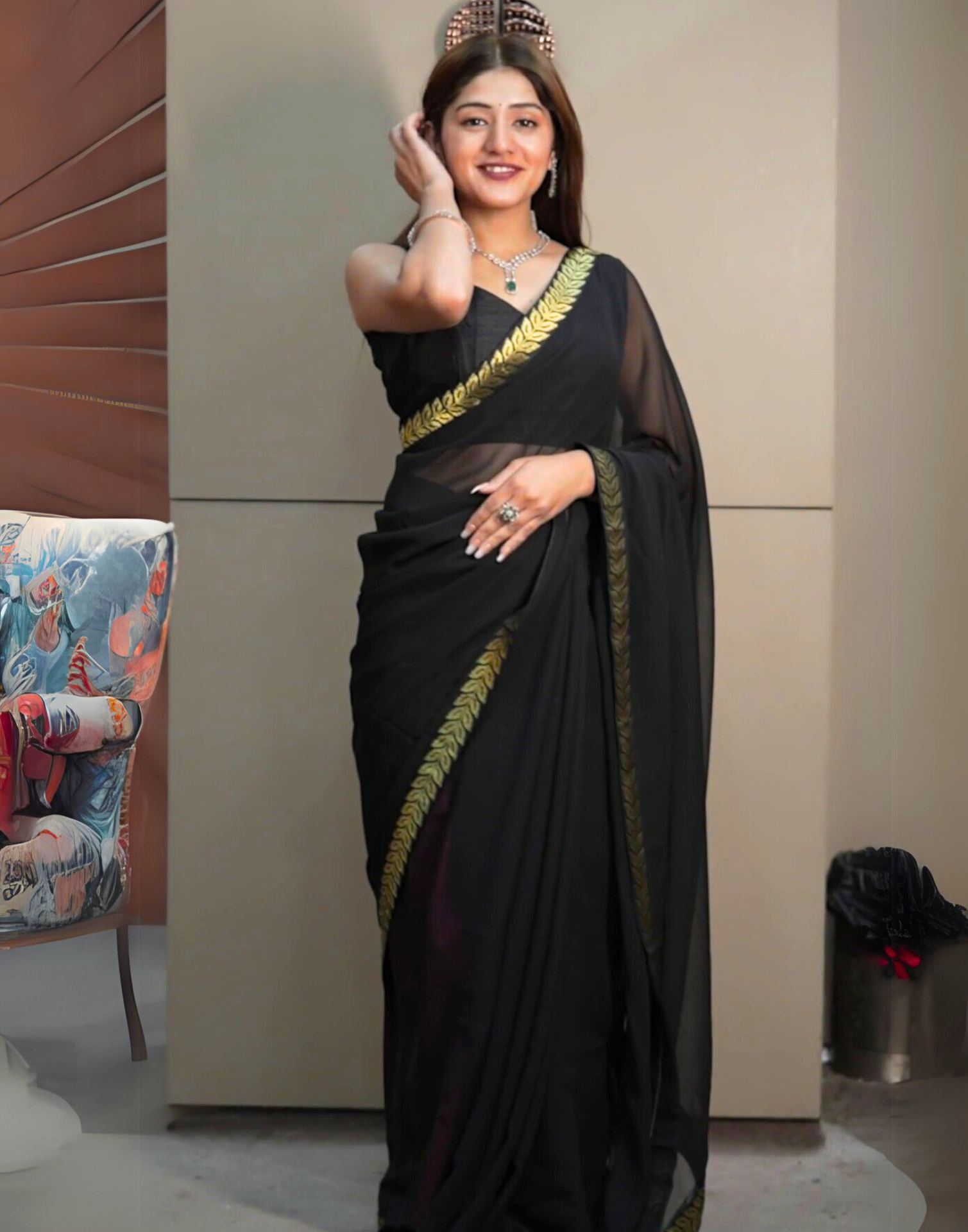 Black Plain Georgette Saree