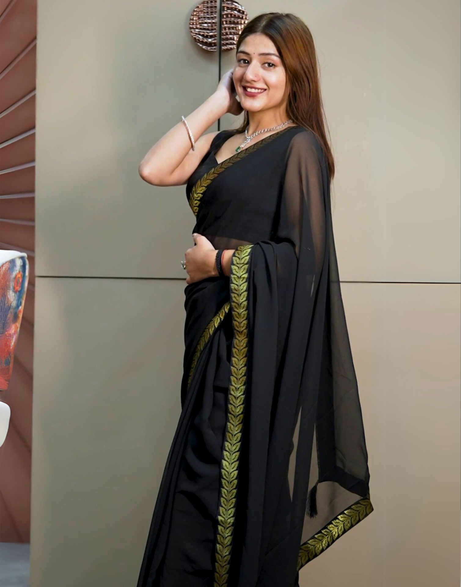 Black Plain Georgette Saree