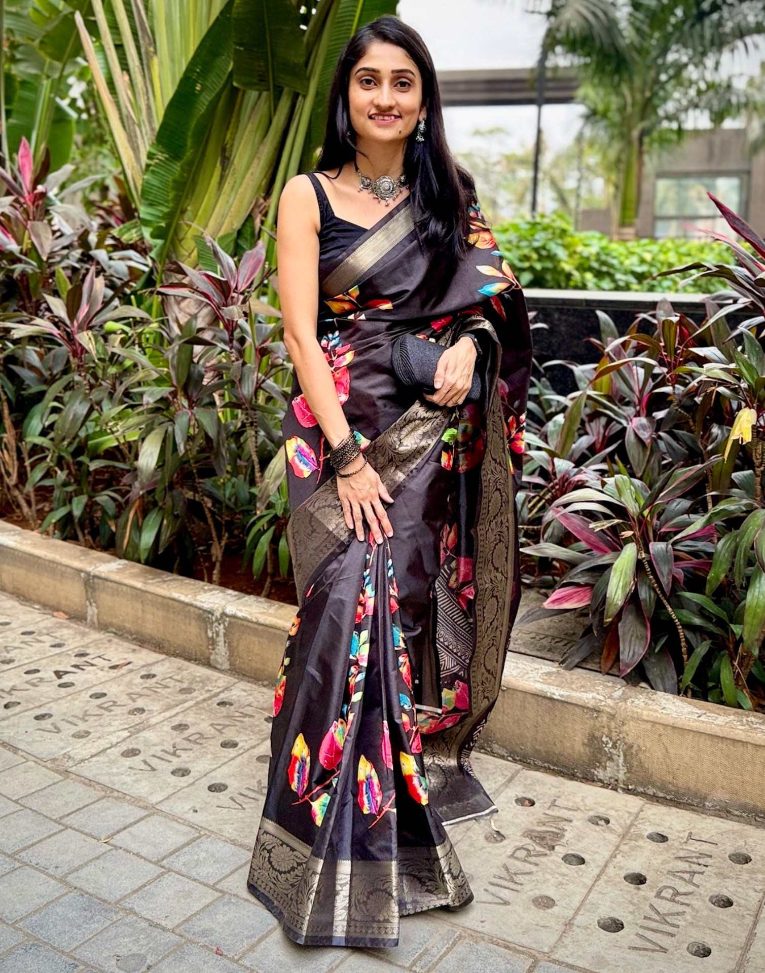 Black Dola Silk Floral Printed Saree